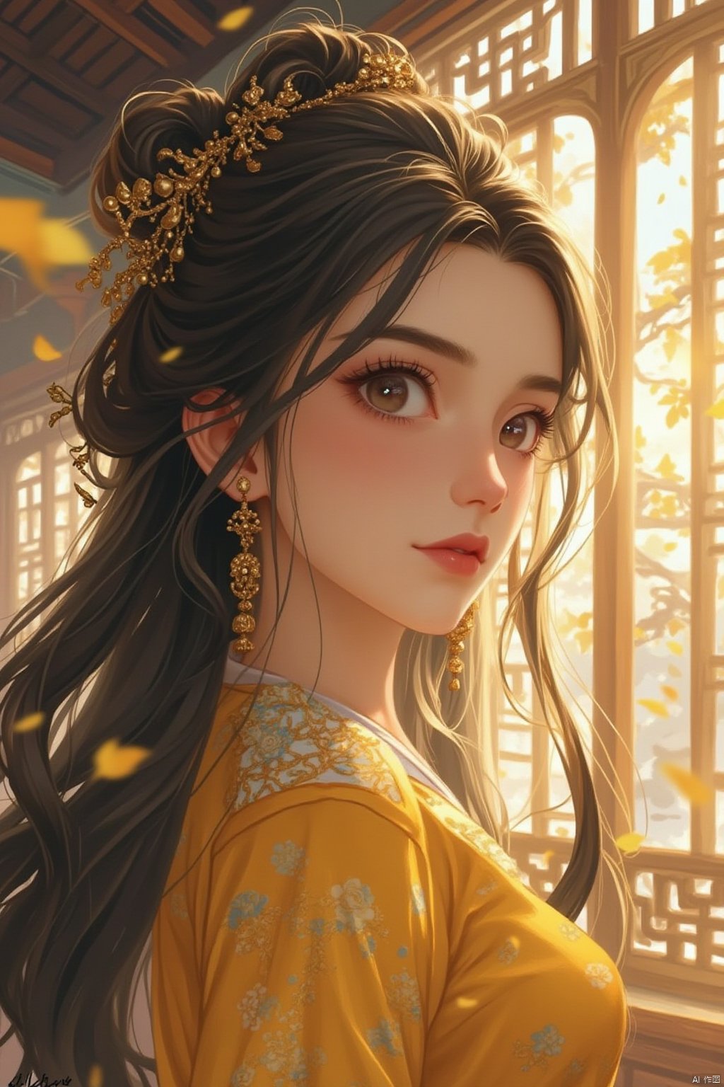 1girl, solo, long hair, black hair, hair ornament, dress, jewelry, upper body, earrings, parted lips, day, indoors, hair bun, tree, looking to the side, window, leaf, chinese clothes, sunlight, yellow dress, architecture, falling leaves, lattice