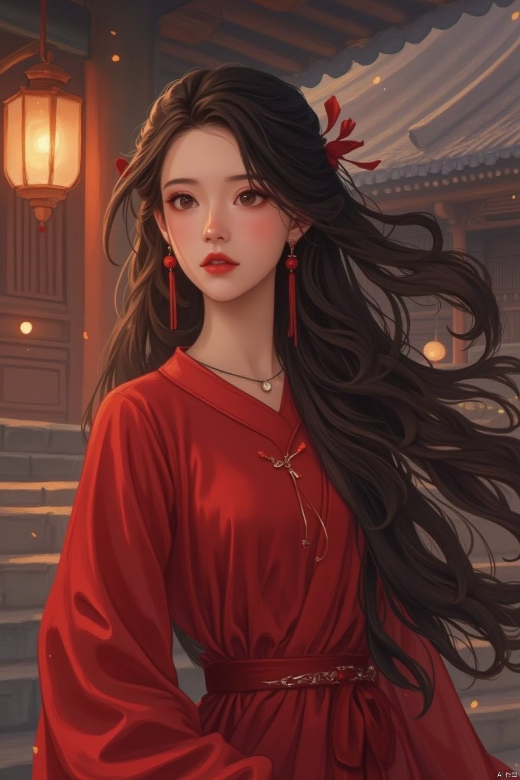 1girl, long hair, looking at viewer, black hair, long sleeves, dress, jewelry, upper body, earrings, outdoors, solo focus, sash, chinese clothes, red dress, hair over shoulder, light particles, lantern, stairs, red lips, architecture, east asian architecture, hanfu