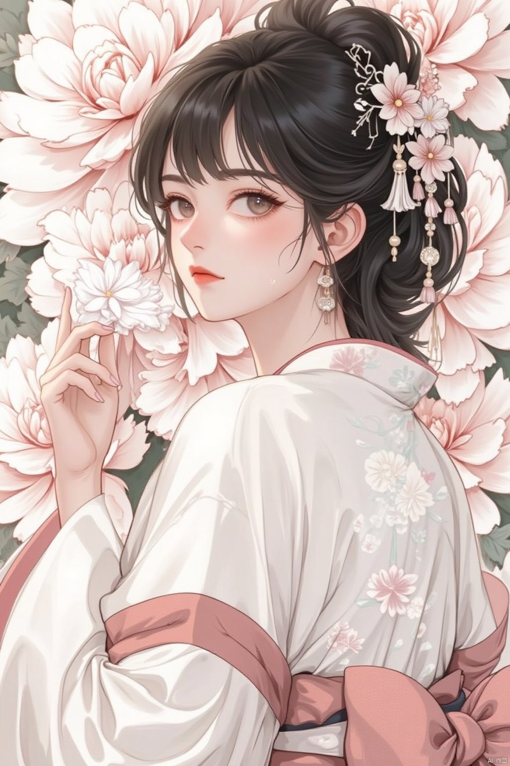 1girl, solo, black hair, hair ornament, long sleeves, bow, holding, brown eyes, jewelry, upper body, flower, earrings, parted lips, japanese clothes, hand up, hair flower, wide sleeves, kimono, hair bun, nail polish, from side, lips, sash, makeup, floral print, white flower, lipstick, tassel, pink flower, white kimono, holding flower, red lips, tassel earrings