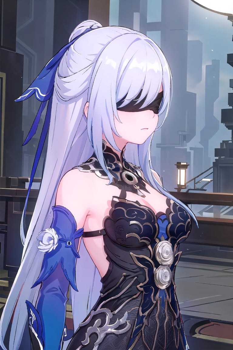 ((masterpiece, best quality)), high resolution,ultra detailed,8k,16k,detailed background, perfect lighting,1girl,upper body,oblique angle,jinguliu(hsr),white hair,(blindhold)