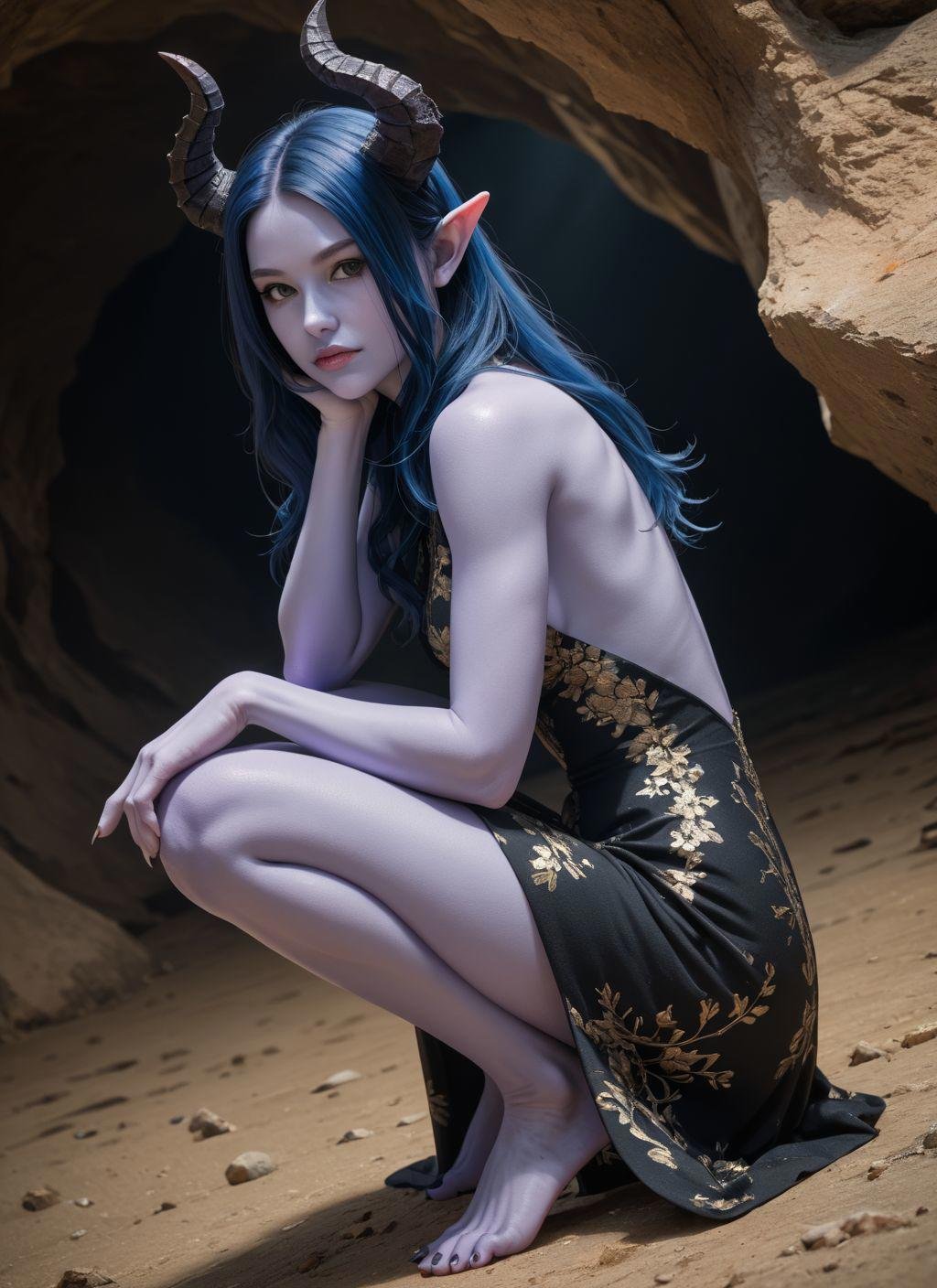 cave,  lit torches behindgorgeous 18yo,  egirl by gratzira on Tensor.Art