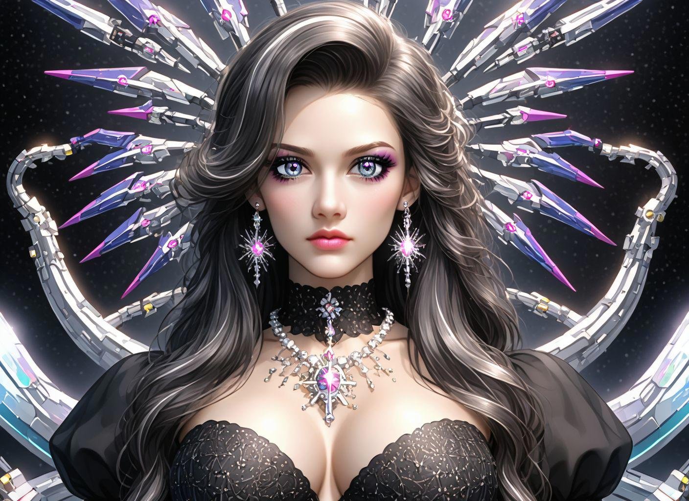 The photo depicts a powerful gothic sorceress,  her hand on her cheek,  her face partially hidden by her elegantly adorned...