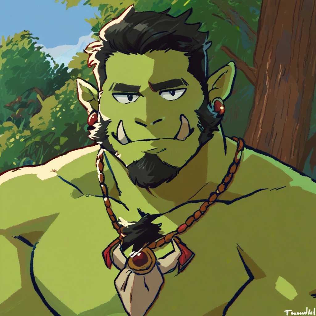 mawfulme, 1boy, bara, beard, black hair, chest tuft, colored skin, earrings, extra tusks, facial hair, full beard, green skin, head tilt, jewelry, large pectorals, male focus, mature male, monster boy, muscular, muscular male, necklace, orc, outdoors, pectorals, pointy ears, short hair, solo, thick beard, thick chest hair, tooth necklace, tribal, tsurime, tusks, score_9, score_8_up, score_7_up, score_6_up, score_5_up, score_4_up