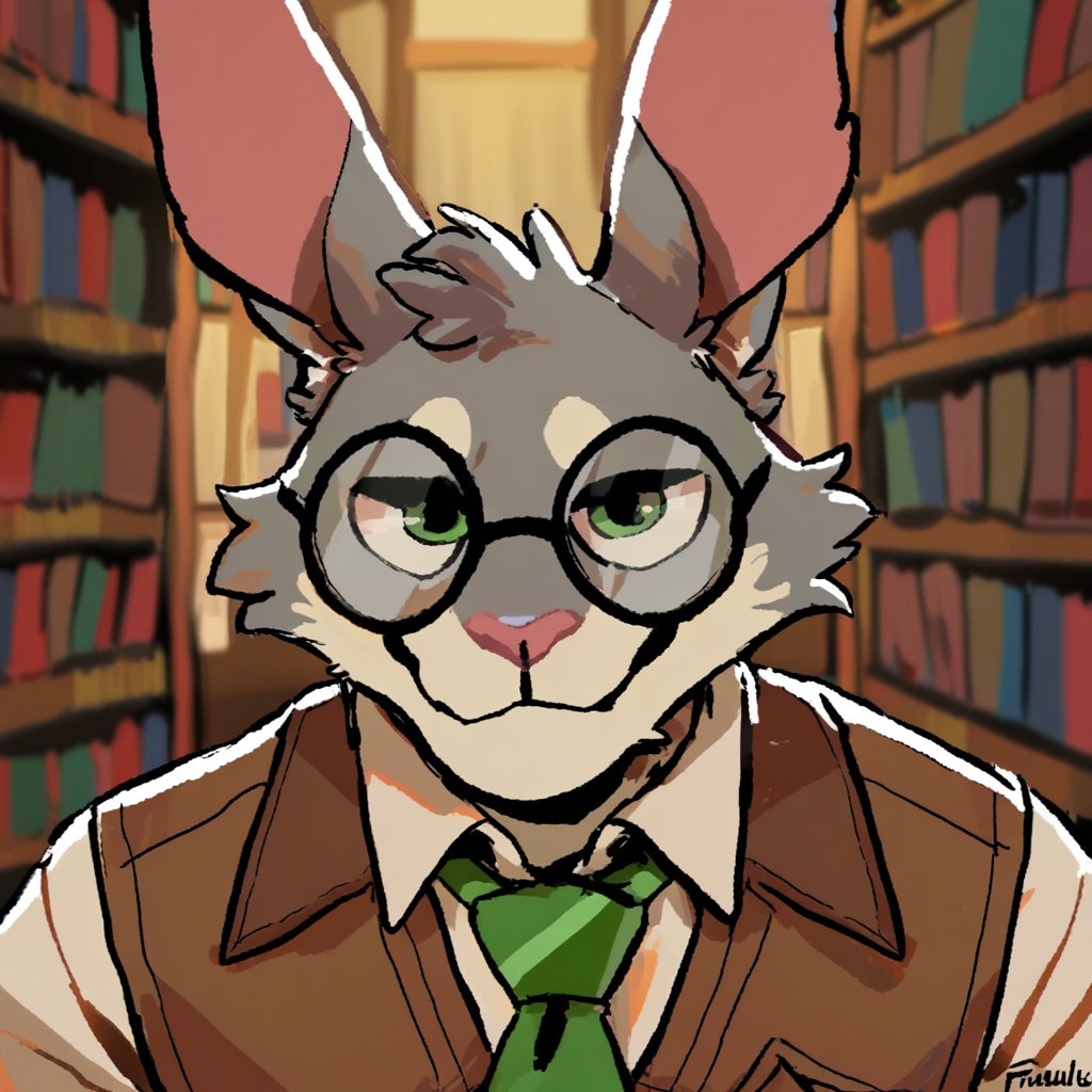 mawfulme, lagomorph, leporid, mammal, rabbit, anthro, brown clothing, brown topwear, cheek tuft, clothed, clothing, detailed background, eyewear, facial tuft, front view, fur, glasses, glistening, glistening eyes, green eyes, green necktie, grey body, grey fur, head tuft, inside, library, looking at viewer, male, mouth closed, necktie, pink nose, round glasses, solo, topwear, tuft, white body, white clothing, white fur, white topwear, score_9, score_8_up, score_7_up, score_6_up, score_5_up, score_4_up