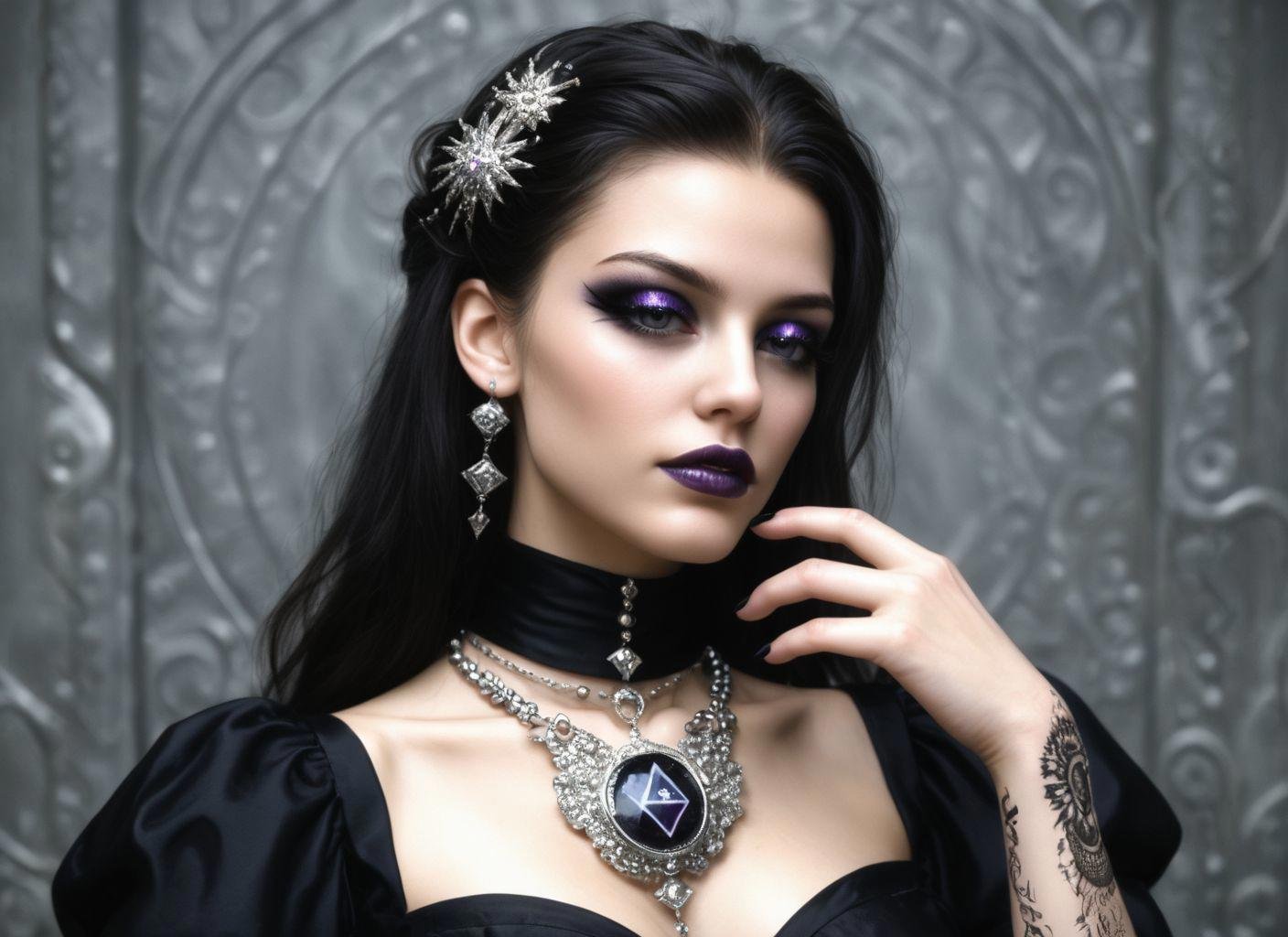 The photo depicts a powerful gothic sorceress,  her hand on her cheek,  her face partially hidden by her elegantly adorned...