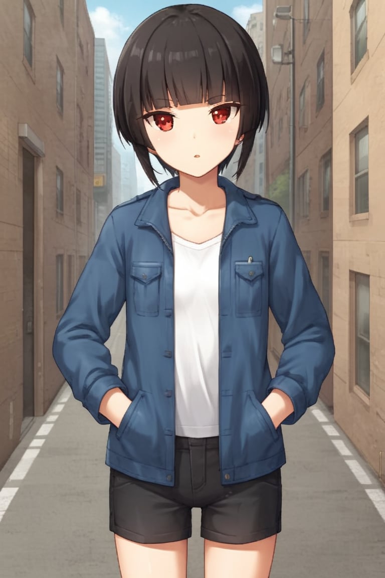 1girl, solo, pklily, black hair, short hair, blunt bangs, red eyes, blue jacket, open clothes, white shirt, black shorts, flat chest,, outdoors, city, street, hands on pocket, looking at viewer, parted lips