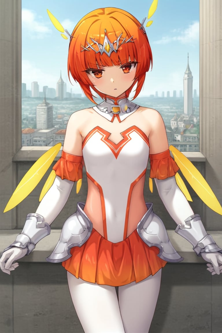 1girl, solo,pklily, princesskishin, orange hair, short hair, blunt bangs, tiara, headpiece, detached collar, elbow gloves, leotard, skirt, white pantyhose, wings, outdoors, cityscape, standing, looking at viewer, serious, parted lips, cowboy shot