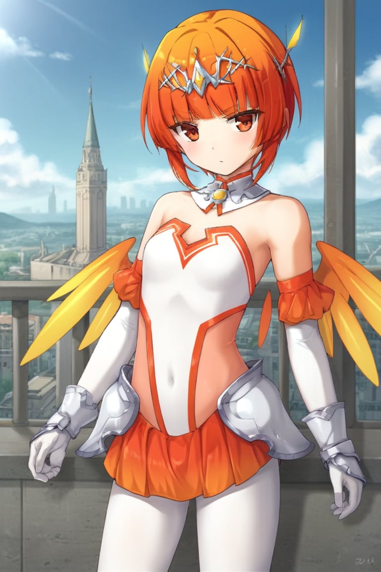 1girl, solo,pklily, princesskishin, orange hair, short hair, blunt bangs, tiara, headpiece, detached collar, elbow gloves, leotard, skirt, white pantyhose, wings, outdoors, cityscape, standing, looking at viewer, serious, parted lips, cowboy shot