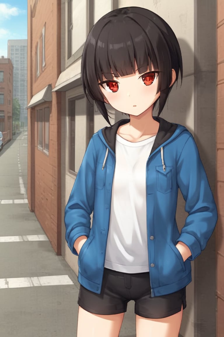 1girl, solo, pklily, black hair, short hair, blunt bangs, red eyes, blue jacket, open clothes, white shirt, black shorts, flat chest,, outdoors, city, street, hands on pocket, looking at viewer, parted lips