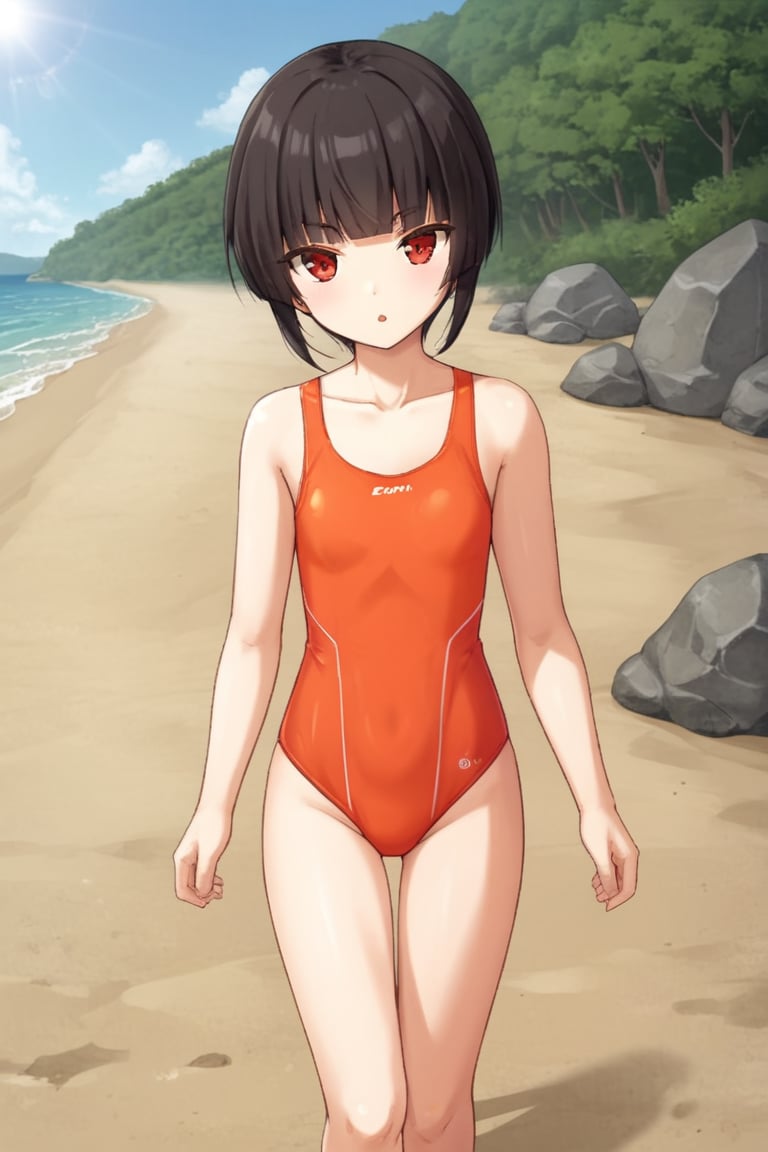 1girl, solo, pklily, black hair, short hair, blunt bangs, red eyes, orange swimsuit, one-pieceswimsuit, casual one-pieceswimsuit, flat chest, outdoors, beach, rocky shoreline, walking, parted lips, looking at viewer