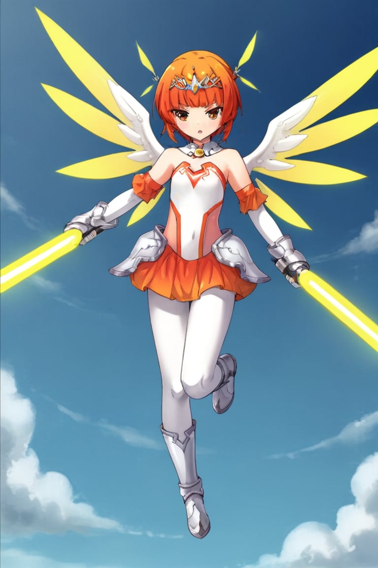 1girl, solo,pklily, princesskishin, orange hair, short hair, blunt bangs, tiara, headpiece, detached collar, elbow gloves, leotard, skirt, white pantyhose, wings, boots, full body, sky, flying, holding, lightsaber, serious, open mouth