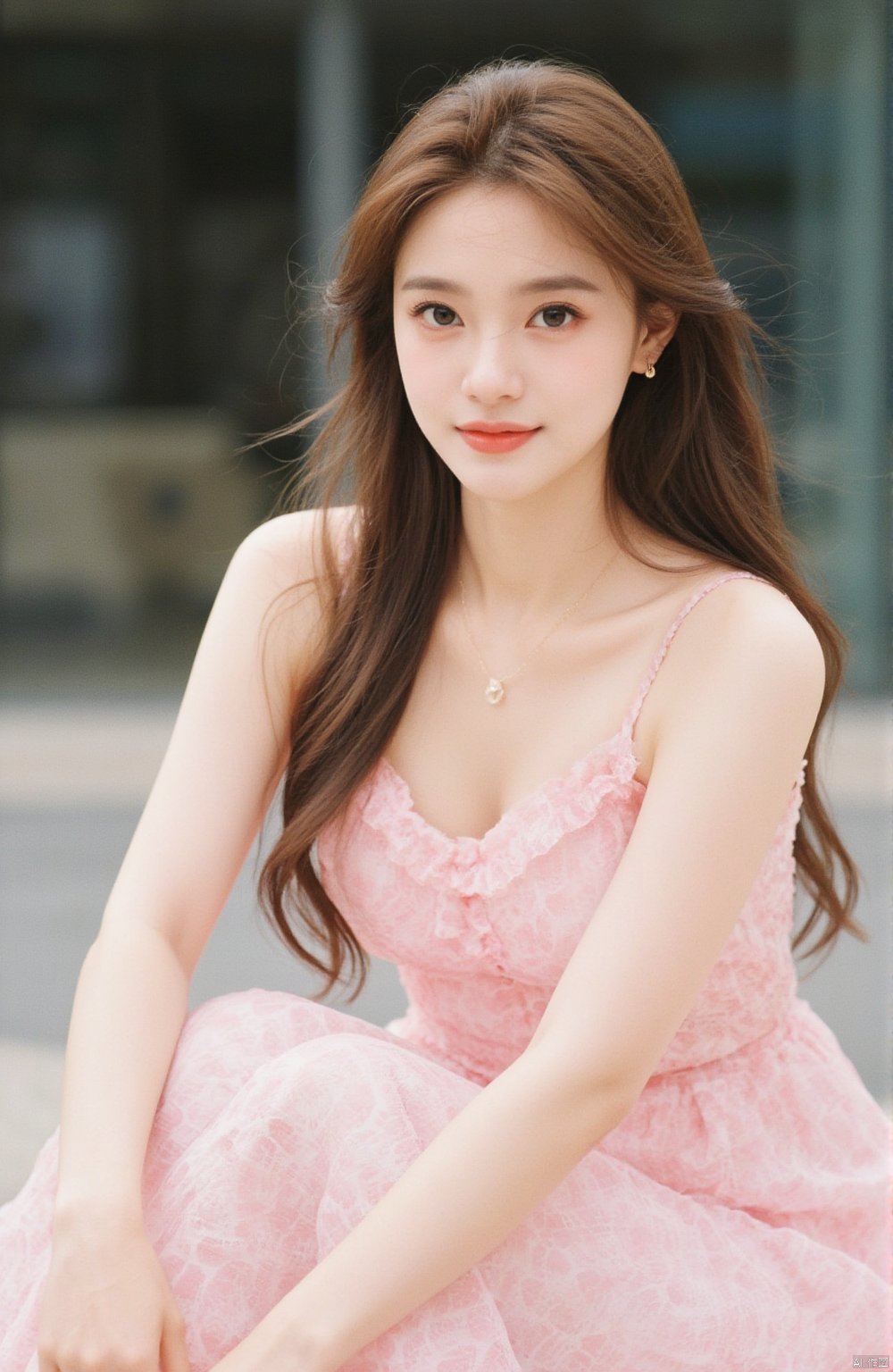 1girl, solo, long hair, looking at viewer, smile, brown hair, black hair, jewelry, closed mouth, earrings, pink dress