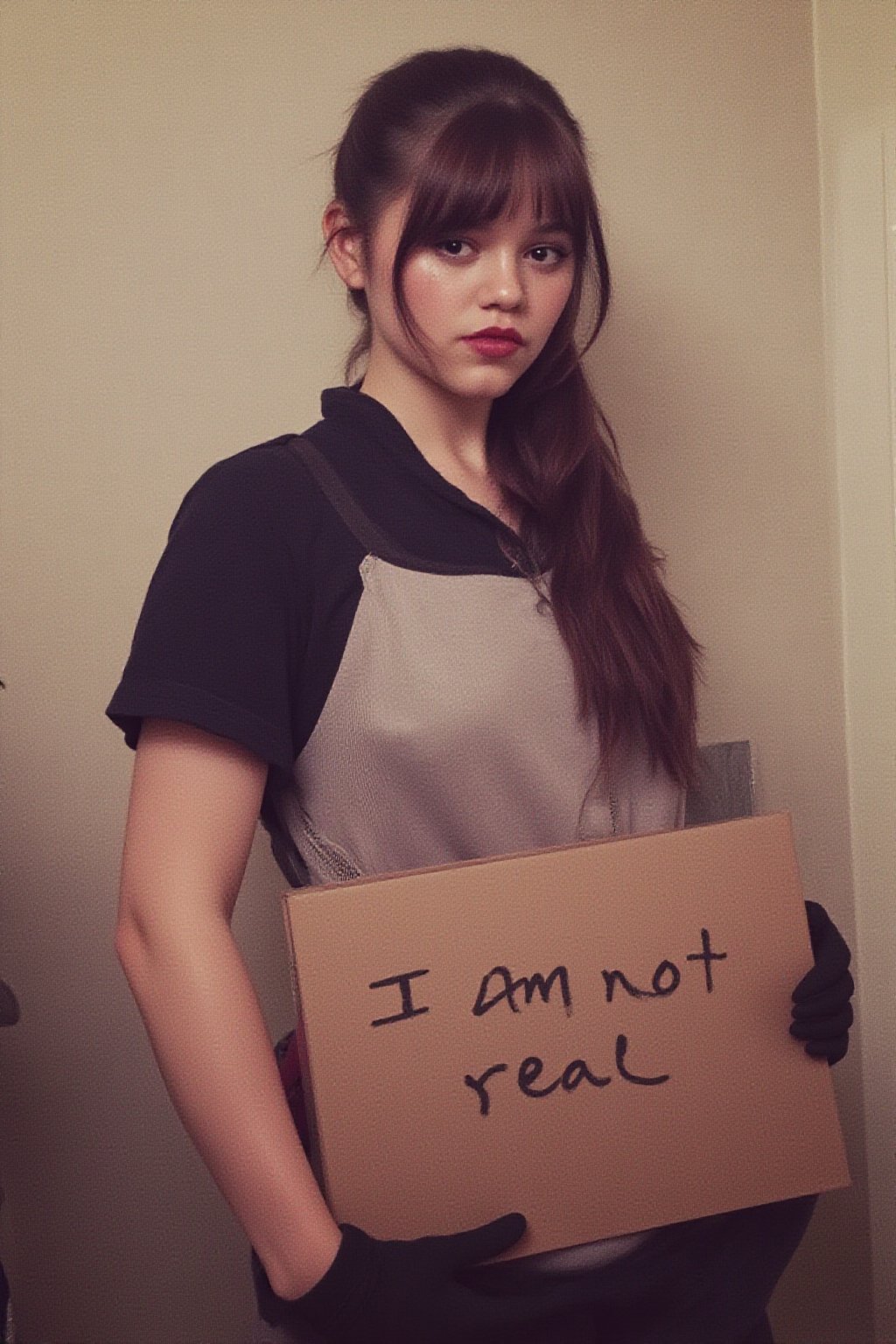 a photo of JennO, cosplay as Wednesday Addams, holding a placard "I am not real"