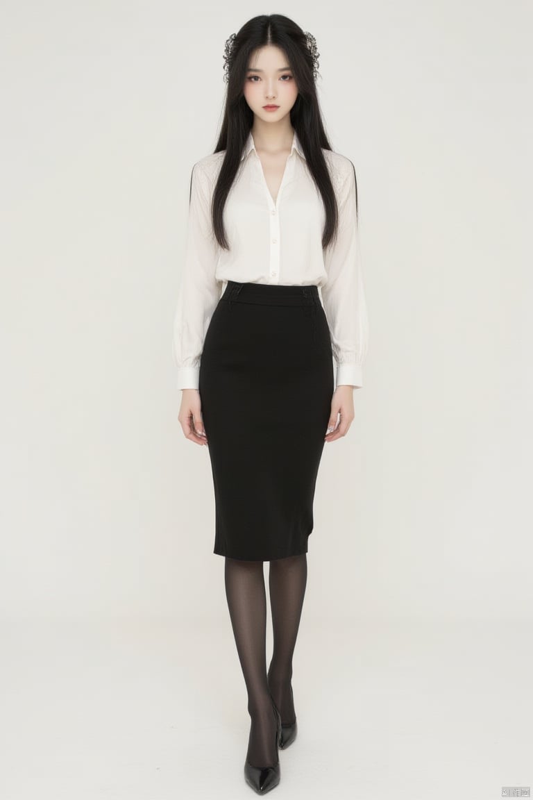 1 girl, Solo, black hair, hair accessories, white shirt, black pencil skirt, black stockings, high heels.,gongbi