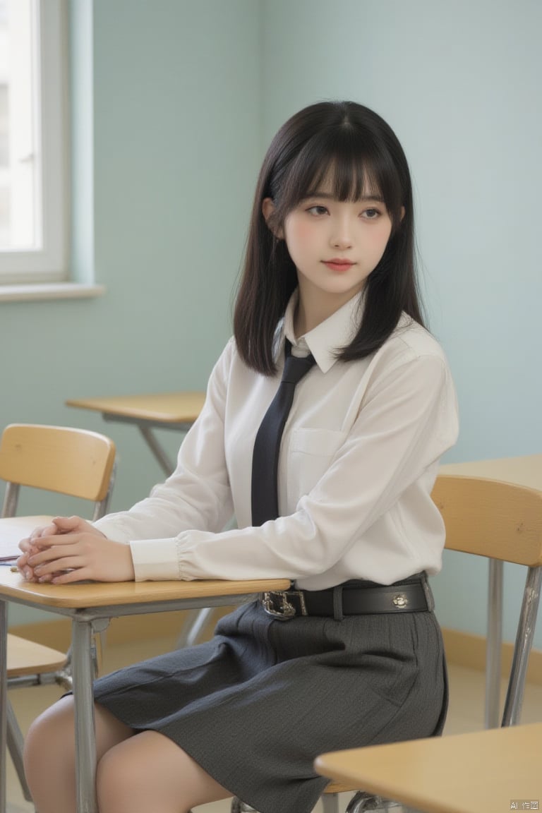  The subject of the photo is a young female wearing a school uniform, seated at a desk in a classroom.  Her hands are folded on the table in front of her, and her body is slightly leaning forward, indicating that she is attentively listening or thinking.  Her eyes are fixed on the camera, and her expression is calm. (Smiling expression:1.2),Her school uniform consists of a white long-sleeved shirt and a dark gray skirt with a belt, and a black tie is tied at the collar.  Her hair is black, falling over her shoulders, and her bangs are neatly trimmed.  The background of the photo is a bright classroom with light visible through the windows, the walls are light blue, and the desks are yellow,gongbi