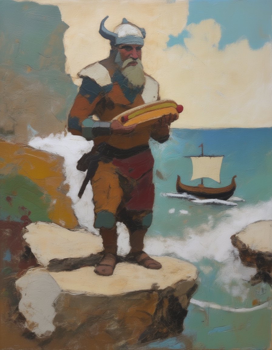 Abstract painting of a viking warrior eating a hot dog on a rocky cliff overlooking an ocean with his long viking boat on the water