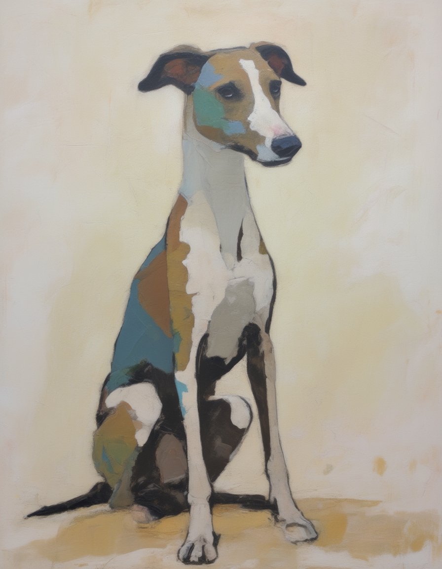 Abstract painting minimalist depiction of a proud greyhound dog sitting up tall