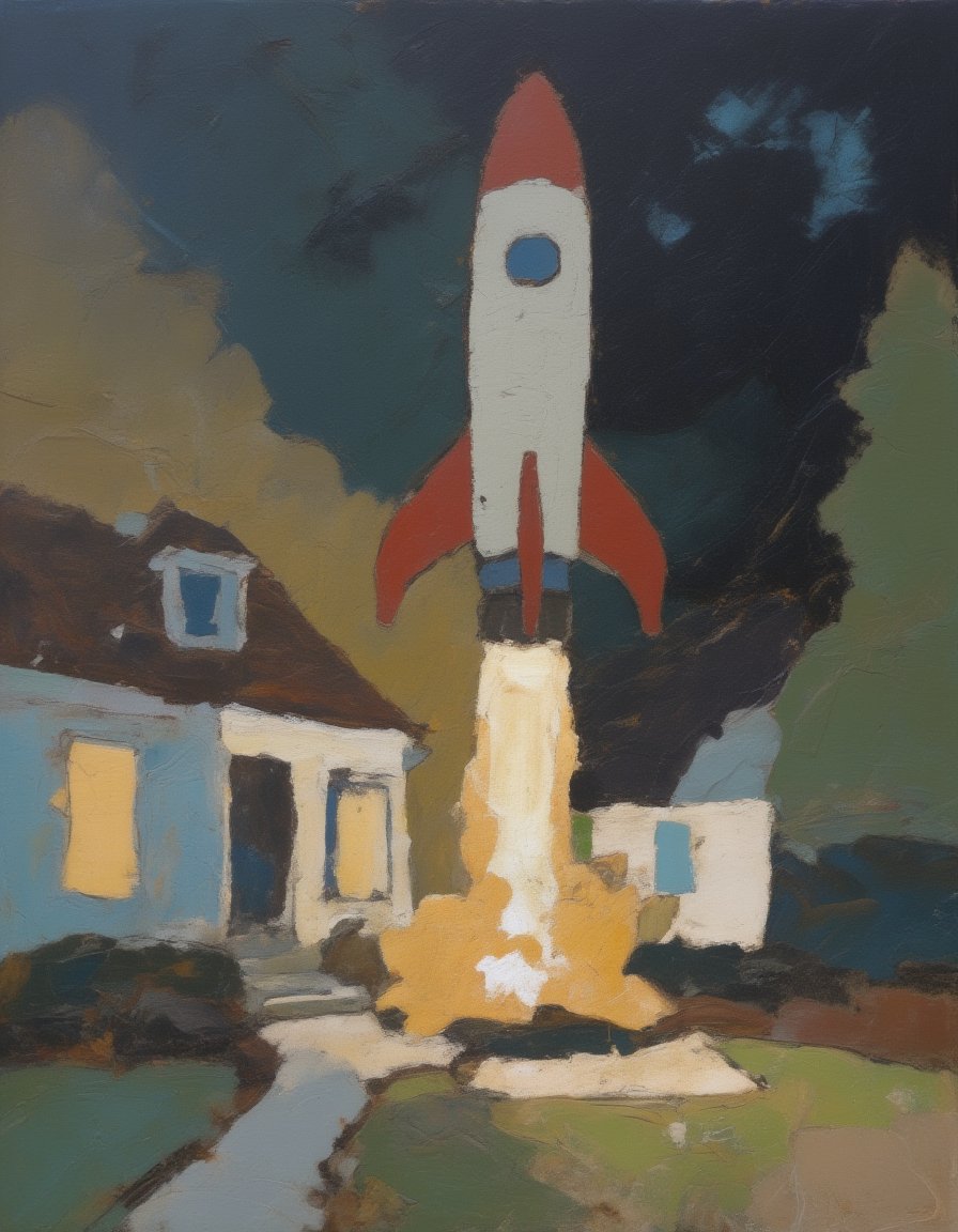 Abstract painting of a rocket ship blasting off from a suburban backyard at night