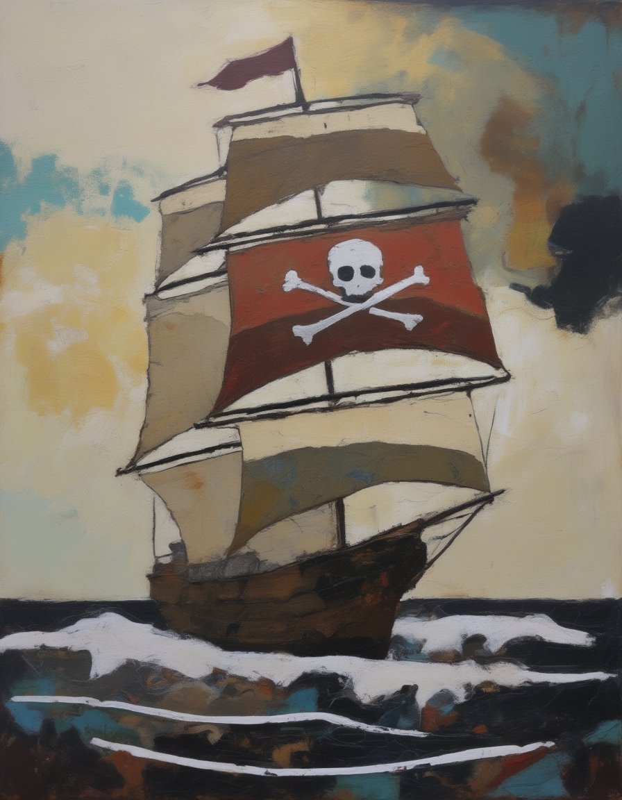 Abstract painting of an old pirate ship with the skull-and-bones flag on a tumultuous ocean under a dramatic sky