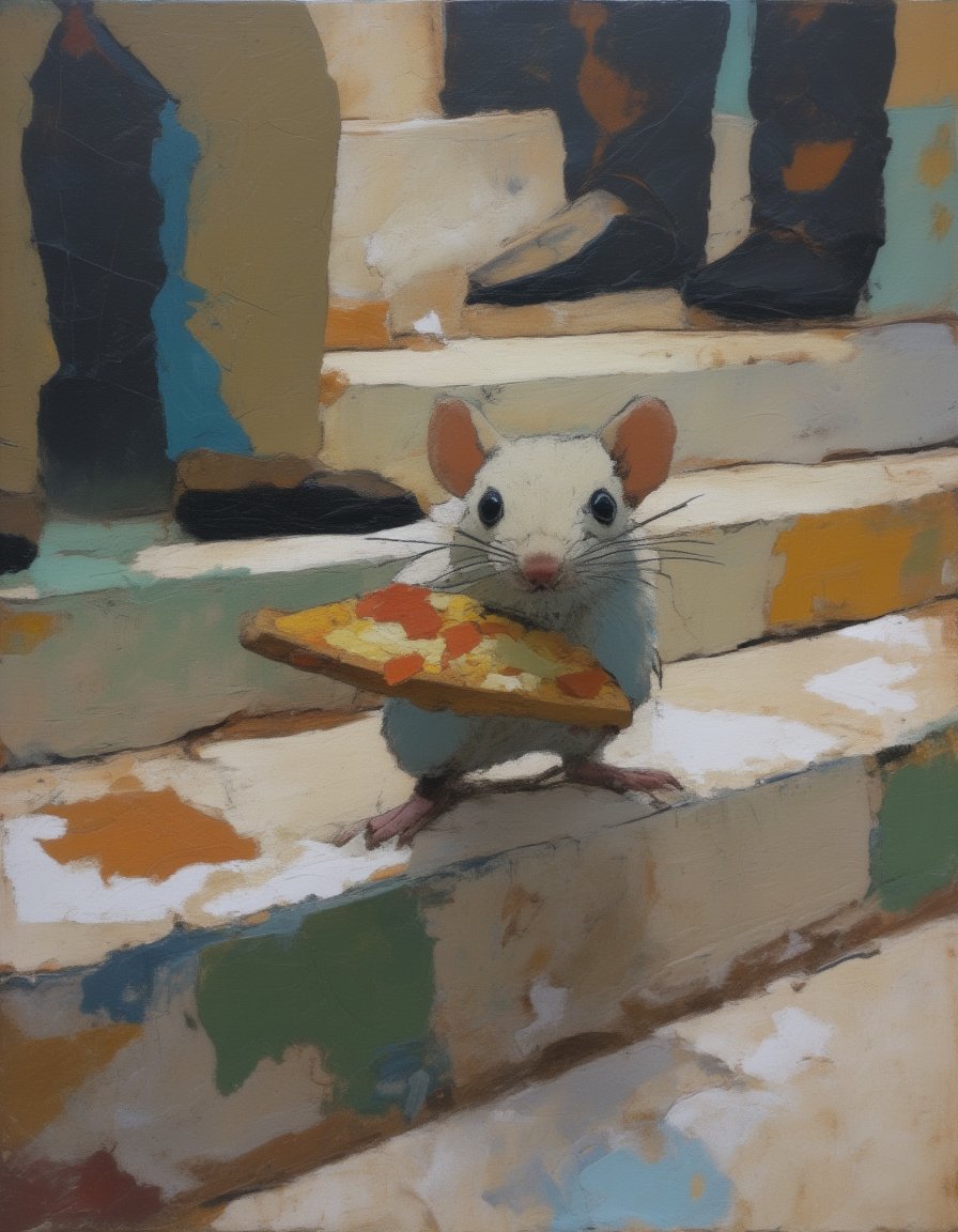 Abstract painting of a NYC rat, closeup view of the rat pulling a slice of pizza down a set of concrete steps amongst the legs and feet of large humans 