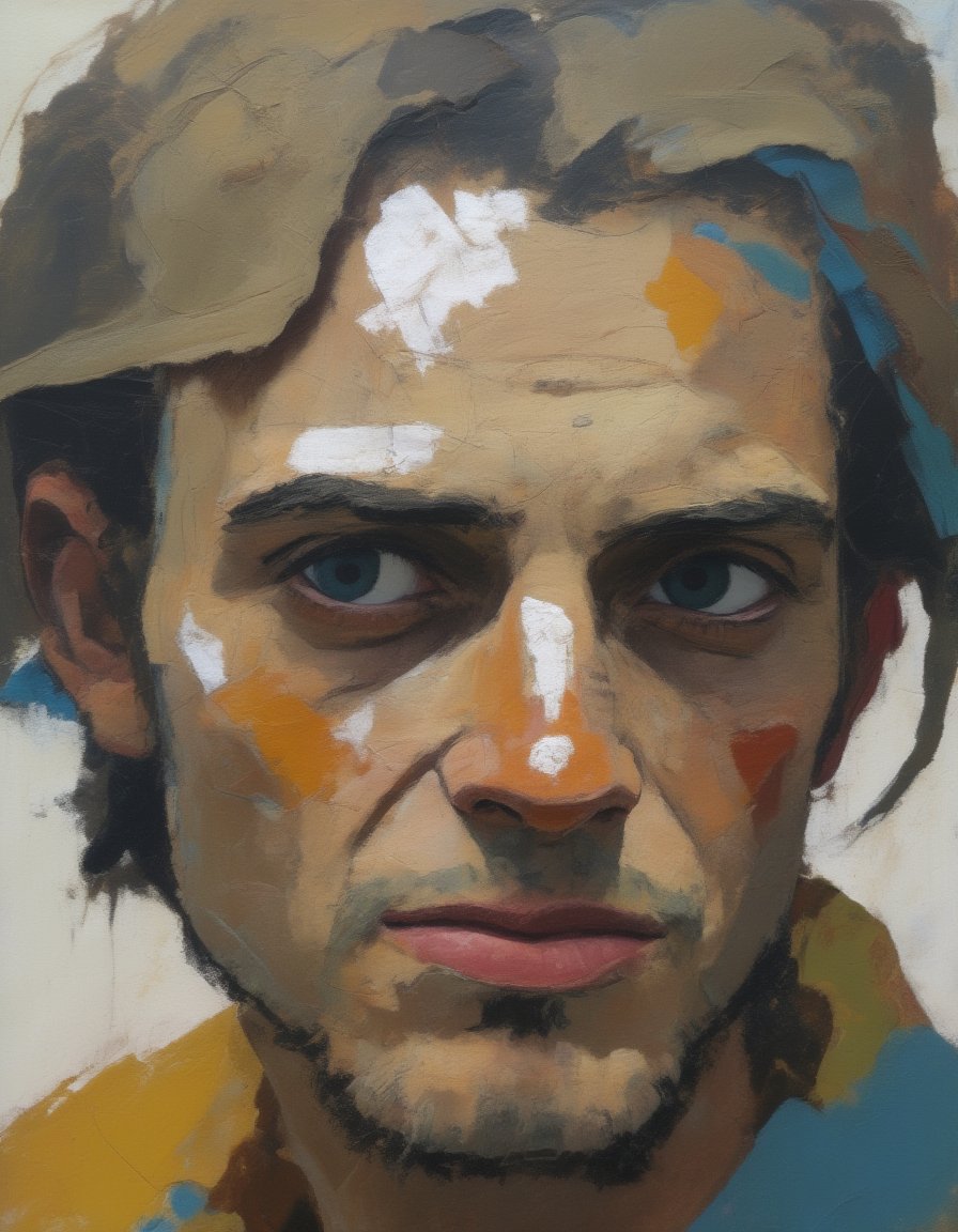 Abstract painting closeup headshot of a wild-eyed man. Young but his face is lined with worries and his scraggly hair hangs low over his forehead. Extreme closeup, the face fills nearly the whole of the painting.