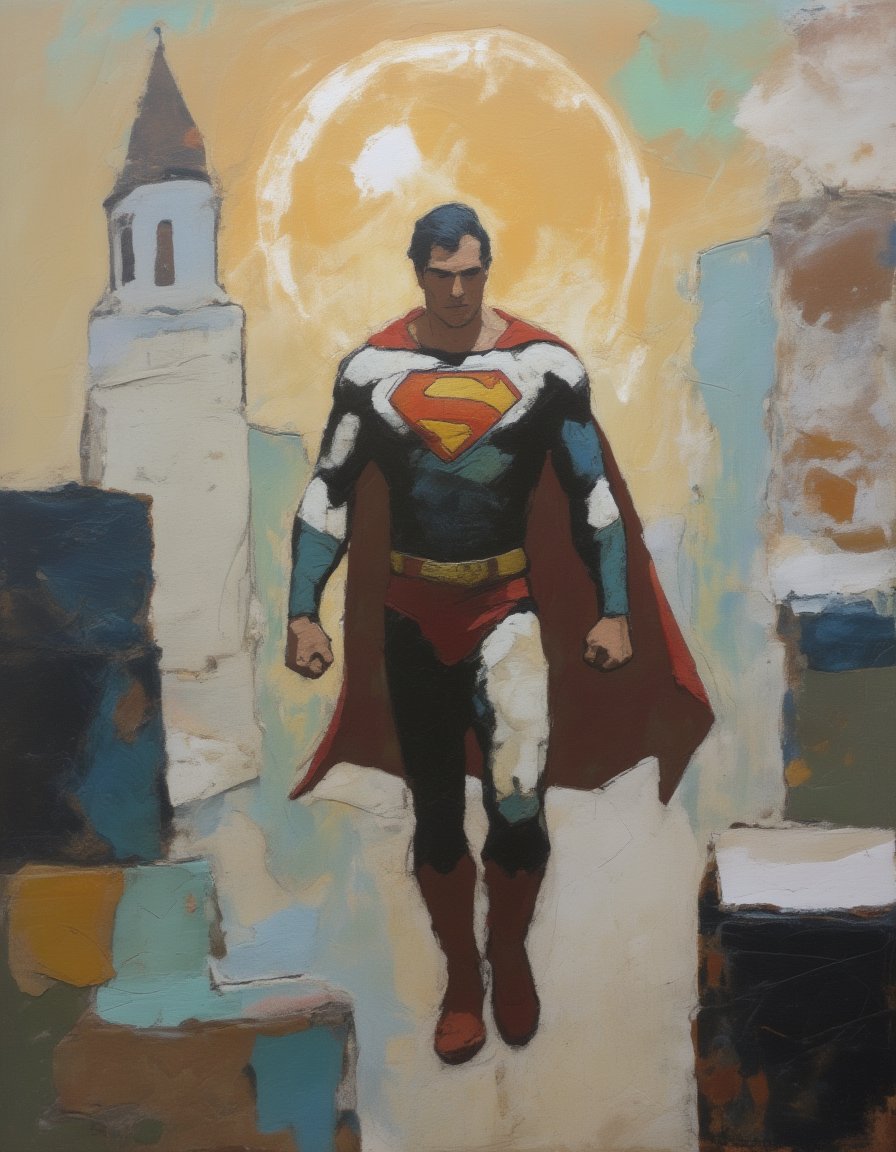 Abstract painting of a Superman flying above Metropolis with the late day sun shining bright but low in the sky