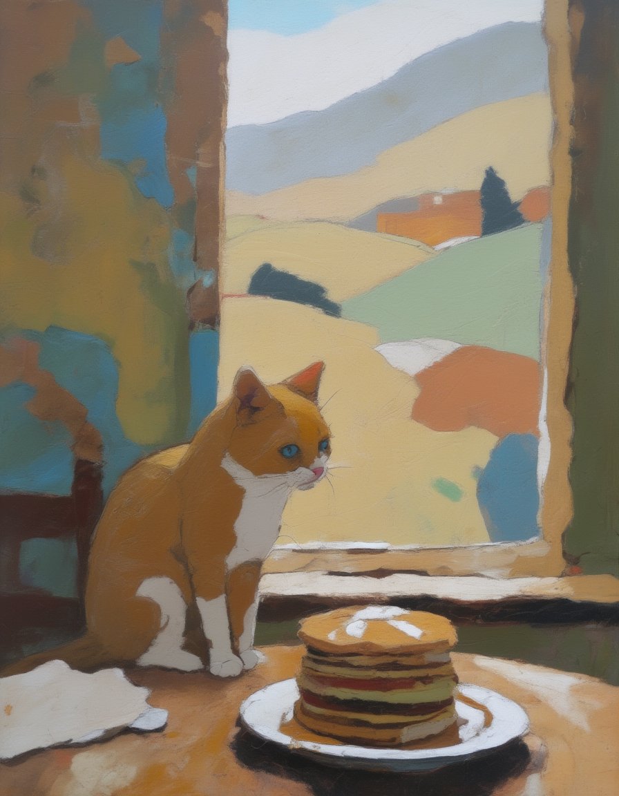 Abstract painting of a cat who sits on a wooden table and looks at a stack of pancakes with syrup in front of a tall bright window looking out on picturesque rolling hills of Tuscany