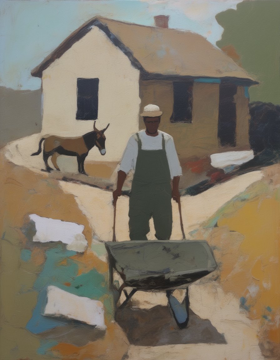 Abstract painting of a farmer pushing a wheelbarrow up a small hill to reach his rustic country home where a donkey watches him work