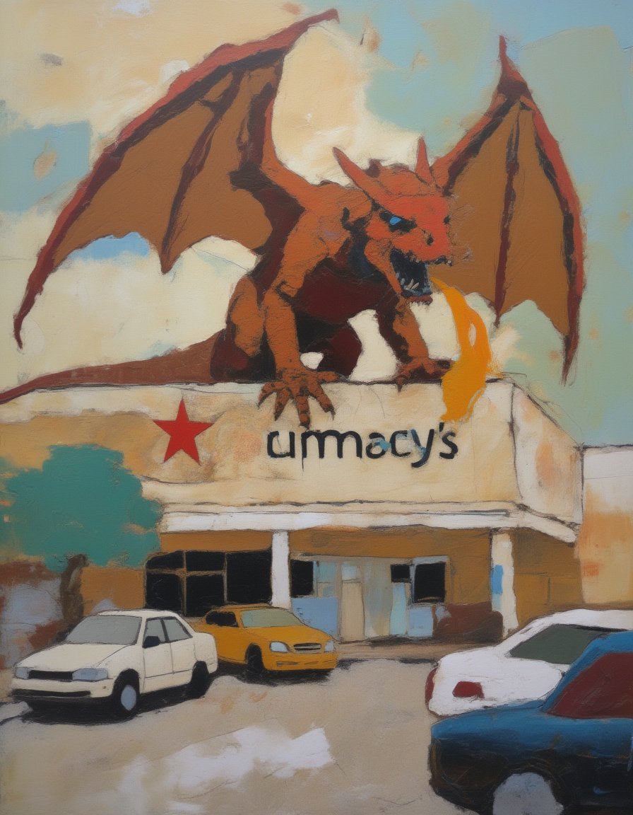 Abstract painting of a red fierce dragon on the roof of a Macy's breathing fire down at the cars in a strip mall parking lot