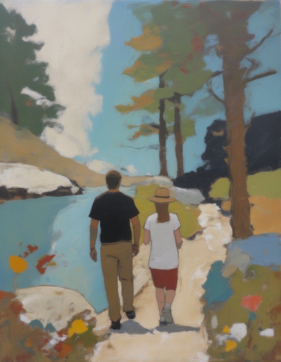 Abstract painting of a man and woman walking along a public park path next to a blue lake with wildflowers and tall trees