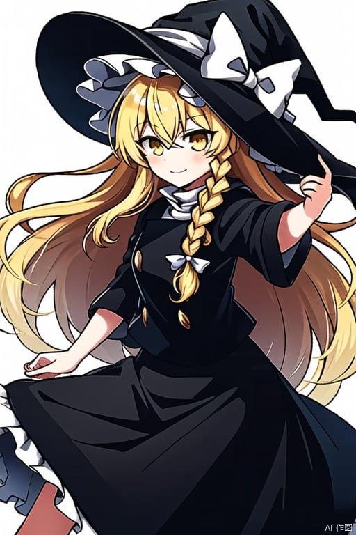 simple background,kirisame_marisa,witch_hat,kirisame_marisa,hat,blonde_hair,solo,braid,yellow_eyes,long_hair,witch_hat,single_braid,white_bow,hair_bow,black_skirt,white background