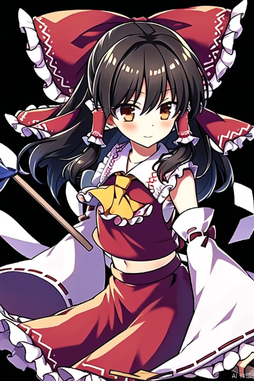 simple background,hakurei reimu,1girl,hair bow,red bow,detached sleeves,solo,hair tubes,simple background,looking at viewer,frilled bow,red skirt,sidelocks,wide sleeves,bare shoulders,blush,yellow ascot,ribbon-trimmed sleeves,hakurei_reimu,hair_bow,red_bow,blackeyes,cute,white background