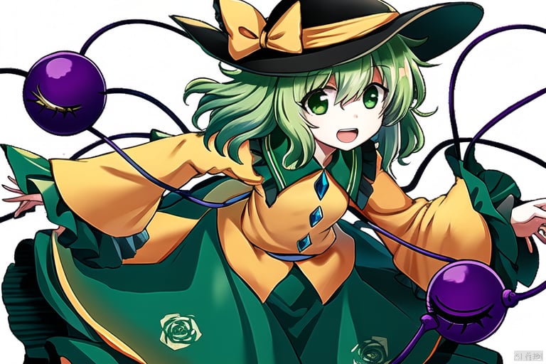 ,simple background,komeiji koishi,1girl, hat,hat bow,green hair,green eyes,yellow shirt,green skirt,,long sleeves, wide sleeves, floral print,third eye,eyeball,cute,white background