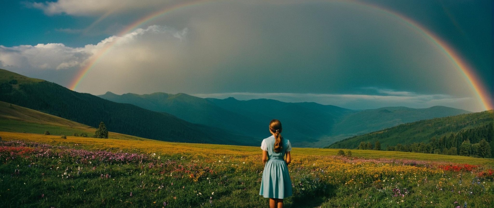 cinematic film still of  <lora:Technicolor style:1>In the 1950's a rainbow over a mountain valley with a rainbow in the sky,1girl,solo,flower,outdoors,sky,tree,night,nature,scenery,mountain,field,rainbow,flower field , vivid color, cinematic look, film look, filmic, contrast, detailed, high quality, sharp image, film color, Kodak, Motion Picture, Film style, different color, vivid color, different people, different look, different style, 35MM Film, 16MM Film, Photographic film, artistic style, cinematic style, film granularity, film noise, image noise, artistic effect, Fujicolor, Fuji film, Analog photography, movie style, movie still, Film grain overlay, Film Grain style, Technicolor style, shallow depth of field, vignette, highly detailed, high budget, bokeh, cinemascope, moody, epic, gorgeous, film grain, grainy