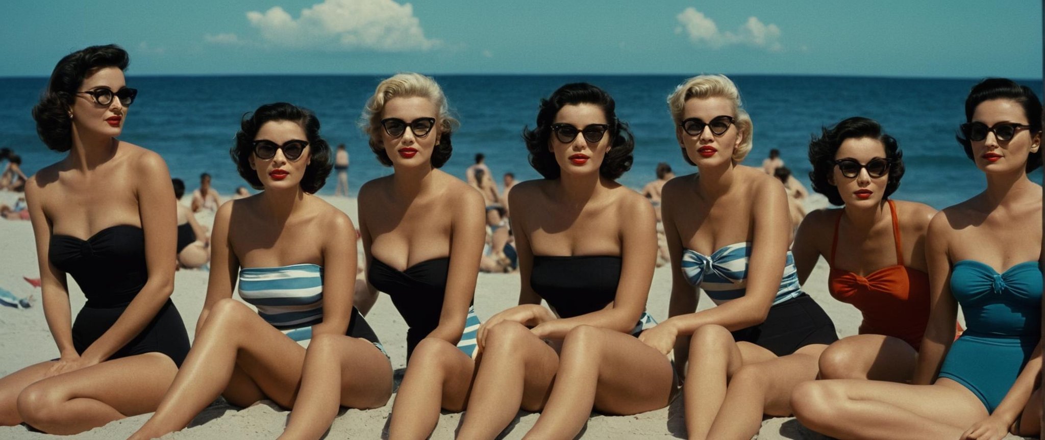 cinematic film still of  <lora:Technicolor style:1>In the 1950's a group of women in bathing suits sitting on a beach,short hair,multiple girls,brown hair,black hair,sitting,outdoors,sky,glasses,day,cloud,one-piece swimsuit,strapless,ocean,beach,crossed legs,5girls,indian style , vivid color, cinematic look, film look, filmic, contrast, detailed, high quality, sharp image, film color, Kodak, Motion Picture, Film style, different color, vivid color, different people, different look, different style, 35MM Film, 16MM Film, Photographic film, artistic style, cinematic style, film granularity, film noise, image noise, artistic effect, Fujicolor, Fuji film, Analog photography, movie style, movie still, Film grain overlay, Film Grain style, Technicolor style, shallow depth of field, vignette, highly detailed, high budget, bokeh, cinemascope, moody, epic, gorgeous, film grain, grainy