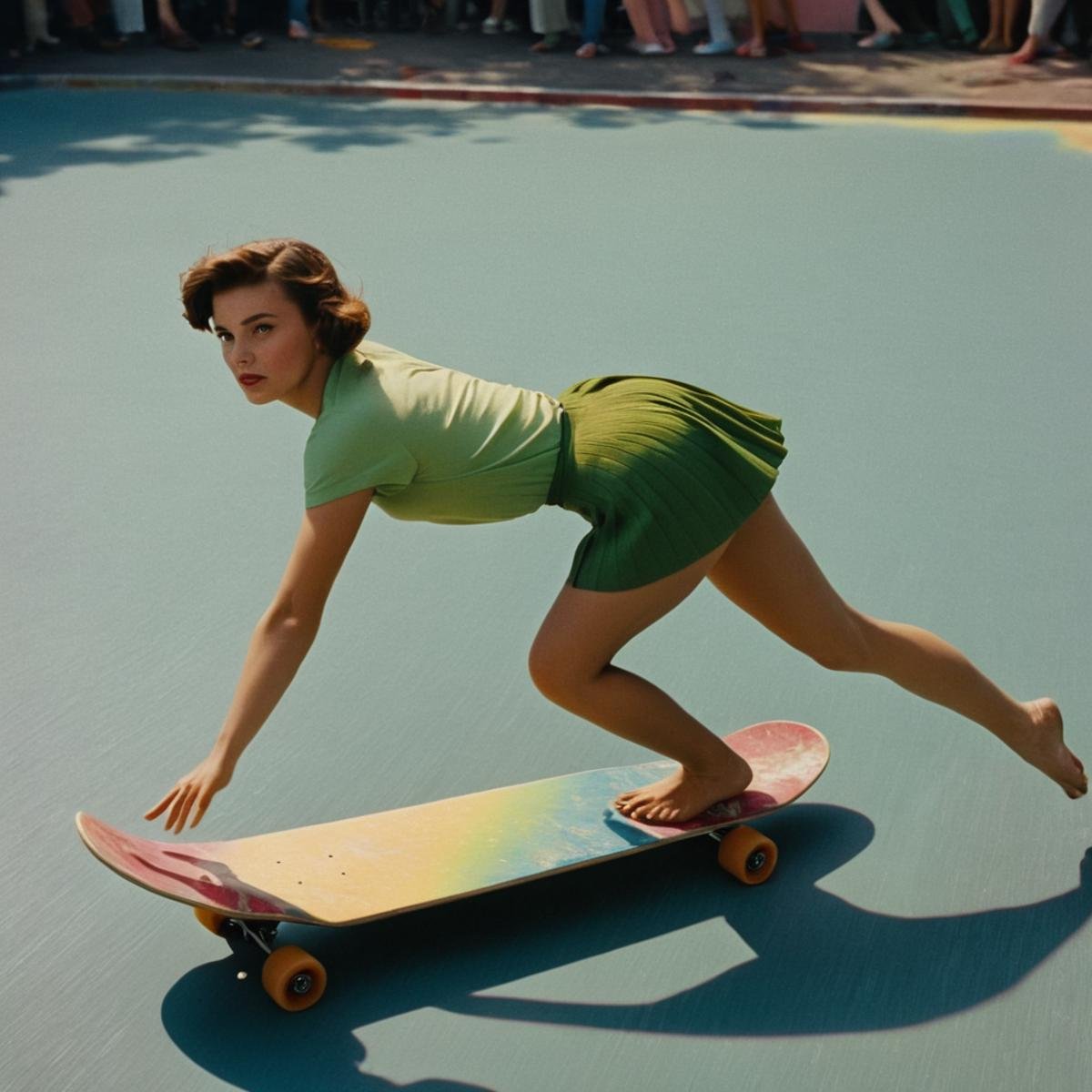 cinematic film still of  <lora:Technicolor style:1> In the 1950's a person falling off a skateboard in a colorful paint covered area,1girl,solo,short hair,skirt,brown hair,lying,barefoot,bird,traditional media,letterboxed,penguin,colorful,surreal , vivid color, cinematic look, film look, filmic, contrast, detailed, high quality, sharp image, film color, Kodak, Motion Picture, Film style, different color, vivid color, different people, different look, different style, 35MM Film, 16MM Film, Photographic film, artistic style, cinematic style, film granularity, film noise, image noise, artistic effect, Fujicolor, Fuji film, Analog photography, movie style, movie still, Film grain overlay, Film Grain style, Technicolor style, shallow depth of field, vignette, highly detailed, high budget, bokeh, cinemascope, moody, epic, gorgeous, film grain, grainy