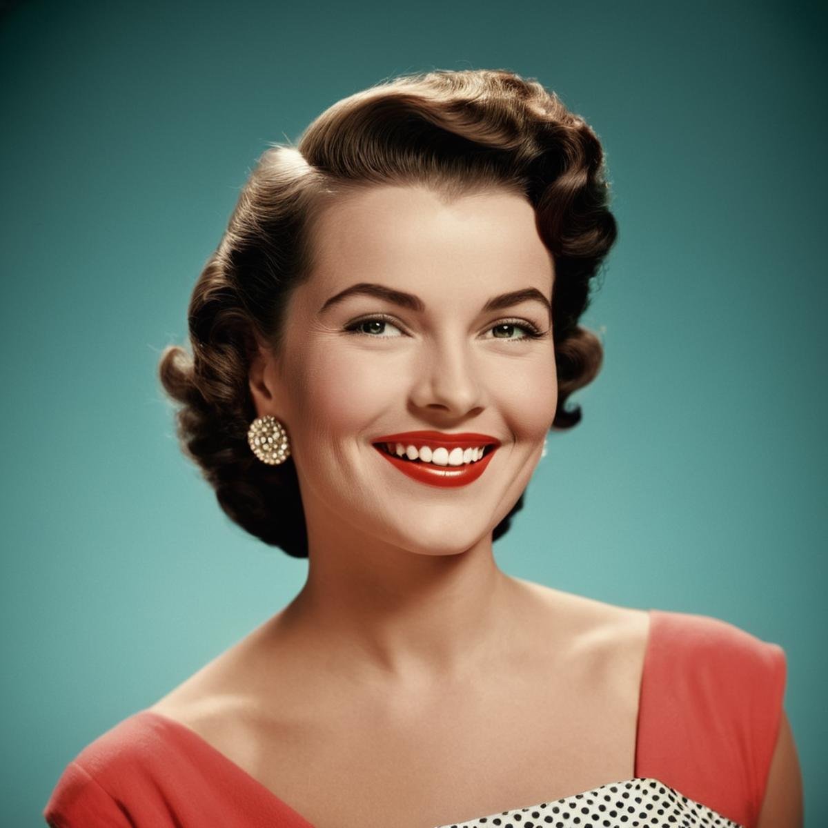 <lora:Technicolor style:1>a woman smiling to camera in 1950's Technicolor style: