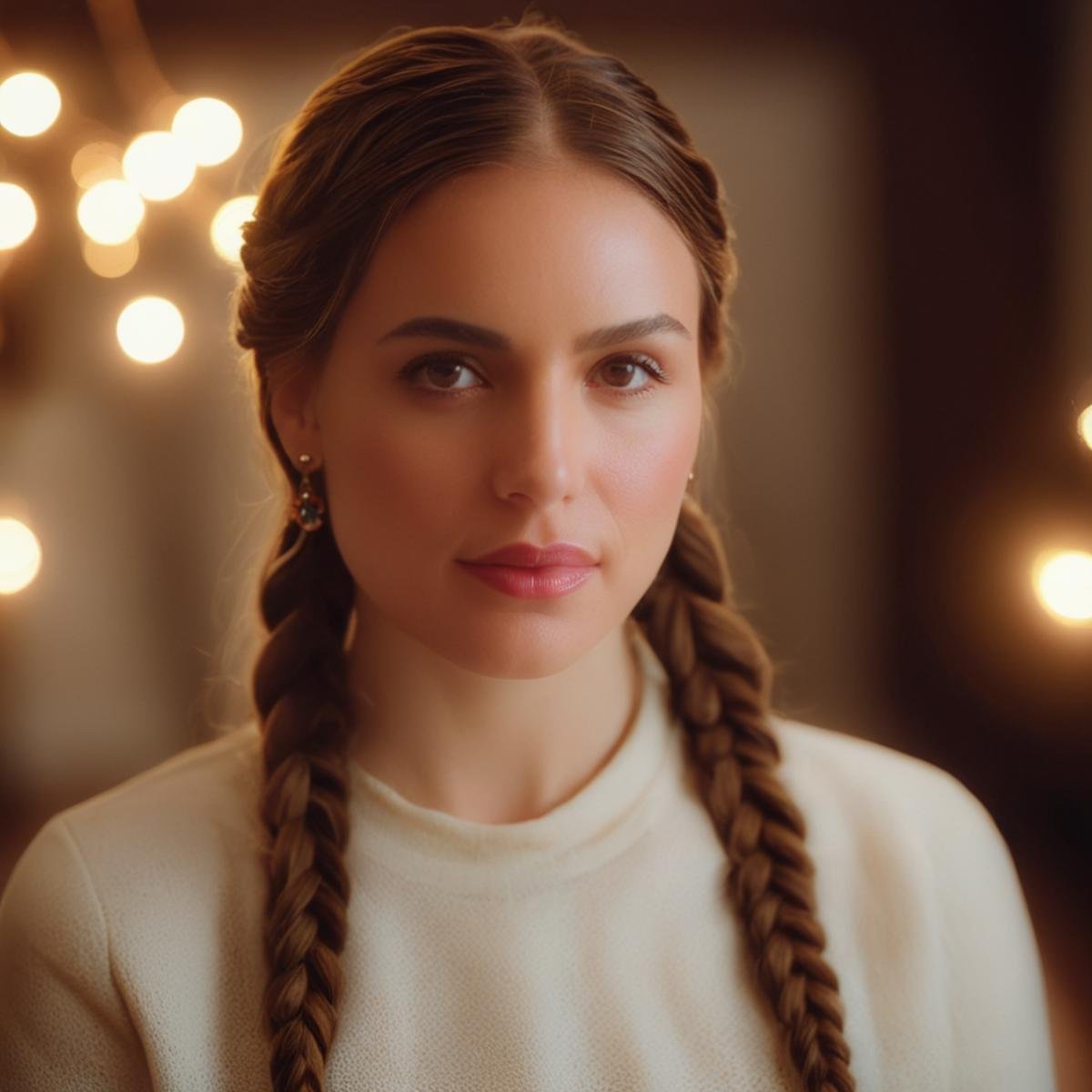 UHD, 4k, ultra detailed, cinematic, a photograph of  <lora:diffused light style:1>A Diffused light of a woman with a braid in a room,1girl,solo,looking at viewer,brown hair,brown eyes,jewelry,earrings,blurry,lips,depth of field,blurry background,portrait,realistic,bokeh , realistic, sharp, detailed, classic, 1970's light style, high-key light style, photography, artistic, perfection, diffusion, diffused, soft light, glow, bright, contrast, highlights, halo, glowing ambient light, colorful, cinematic, filmic, high quality photo, diffused light style, epic, beautiful lighting, inpsiring