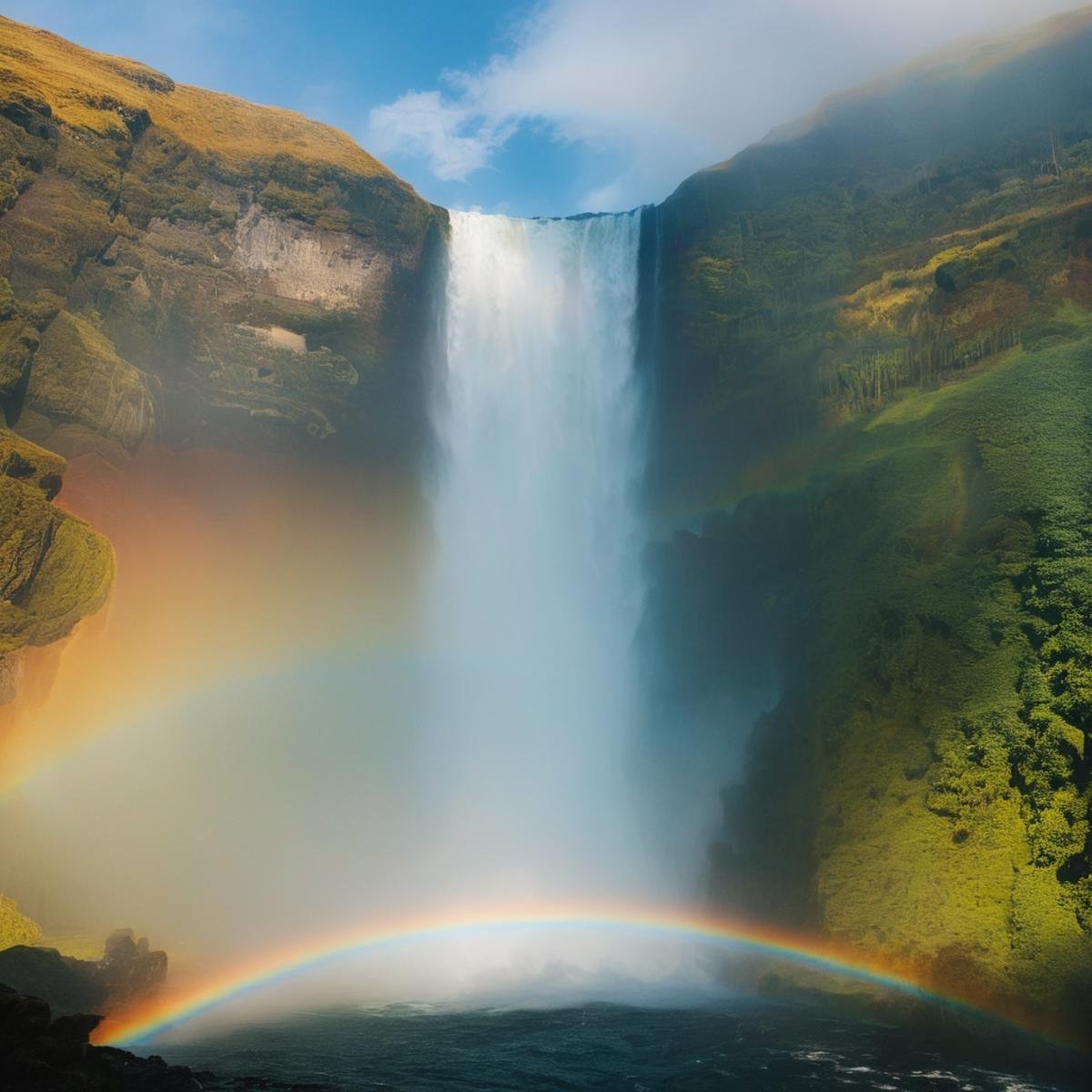 UHD, 4k, ultra detailed, cinematic, a photograph of  <lora:diffused light style:1>A Diffused light of a rainbow is seen in the sky above a waterfall,outdoors,sky,day,cloud,water,tree,blue sky,no humans,scenery,mountain,fantasy,rainbow,waterfall,landscape,cliff , realistic, sharp, detailed, classic, 1970's light style, high-key light style, photography, artistic, perfection, diffusion, diffused, soft light, glow, bright, contrast, highlights, halo, glowing ambient light, colorful, cinematic, filmic, high quality photo, diffused light style, epic, beautiful lighting, inpsiring