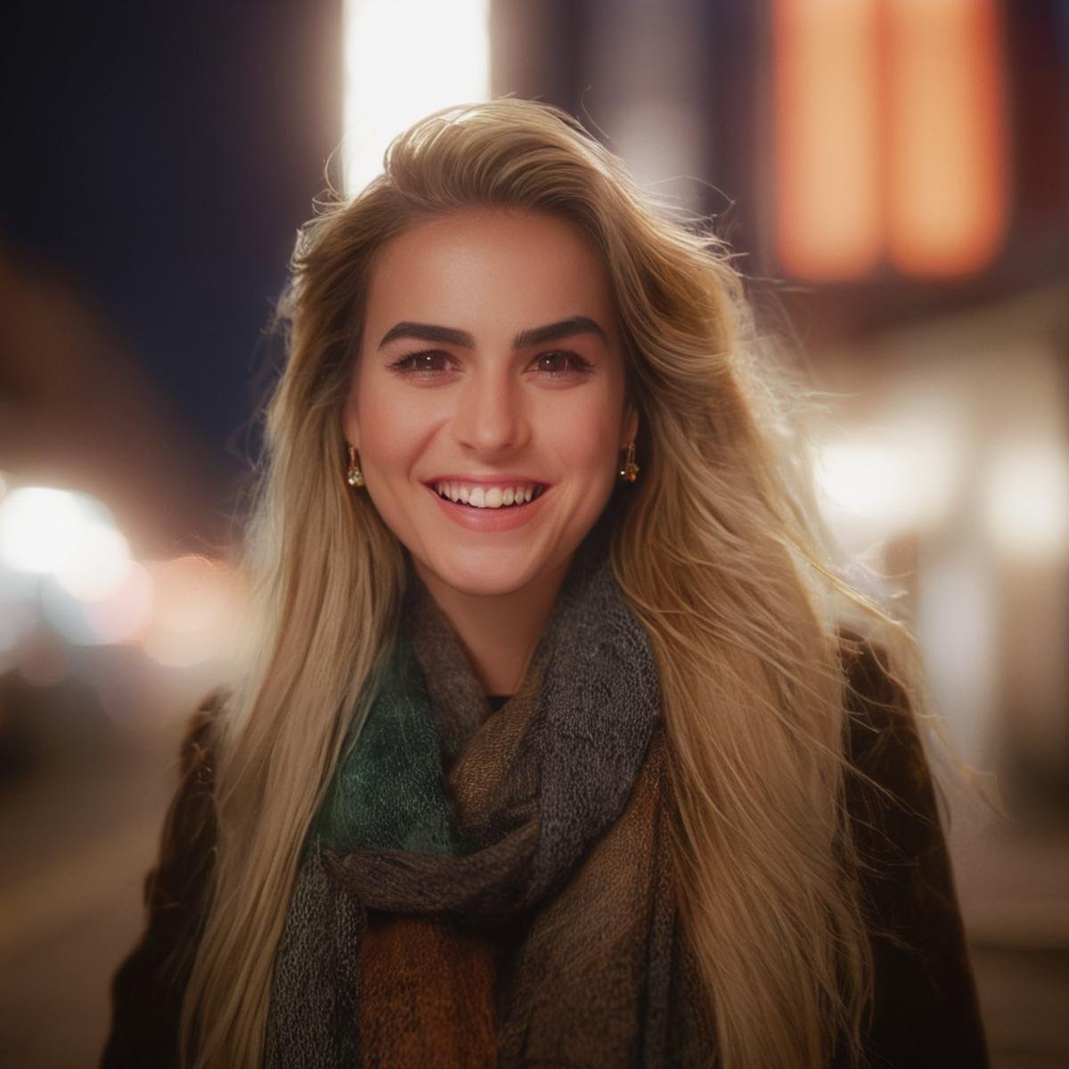 UHD, 4k, ultra detailed, cinematic, a photograph of  <lora:diffused light style:1>A Diffused light of a woman smiling in a city at night,1girl,solo,long hair,looking at viewer,smile,open mouth,blonde hair,brown hair,brown eyes,jewelry,upper body,earrings,teeth,scarf,grin,blurry,coat,depth of field,blurry background,thick eyebrows,realistic , realistic, sharp, detailed, classic, 1970's light style, high-key light style, photography, artistic, perfection, diffusion, diffused, soft light, glow, bright, contrast, highlights, halo, glowing ambient light, colorful, cinematic, filmic, high quality photo, diffused light style, epic, beautiful lighting, inpsiring