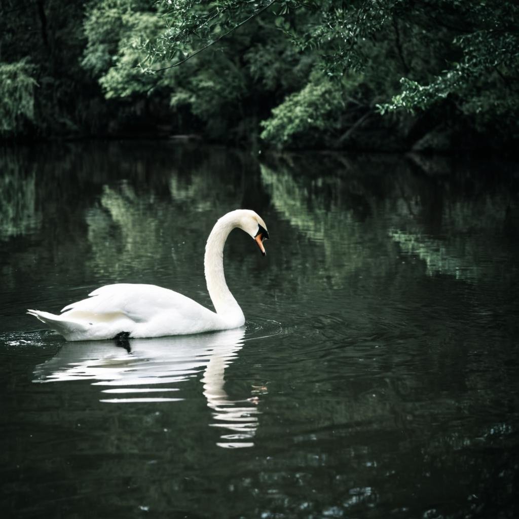 cinematic film still of  <lora:cinematic Bleach bypass Film style:1>In cinematic Bleach bypass Film style a white swan swimming in a lake with trees in the background, sharp edges, detailed image, kodak Bleach film style, saturation:0.5, reduced saturation, color:0.1, reduced color, Film grain:1, Film contrast:1, Bleach bypass Film style, outdoors, day, water, tree, no humans, bird, animal, nature, scenery, forest, reflection, animal focus, ripples, river, lake, sky, reflective water, shallow depth of field, vignette, highly detailed, high budget, bokeh, cinemascope, moody, epic, gorgeous, film grain, grainy