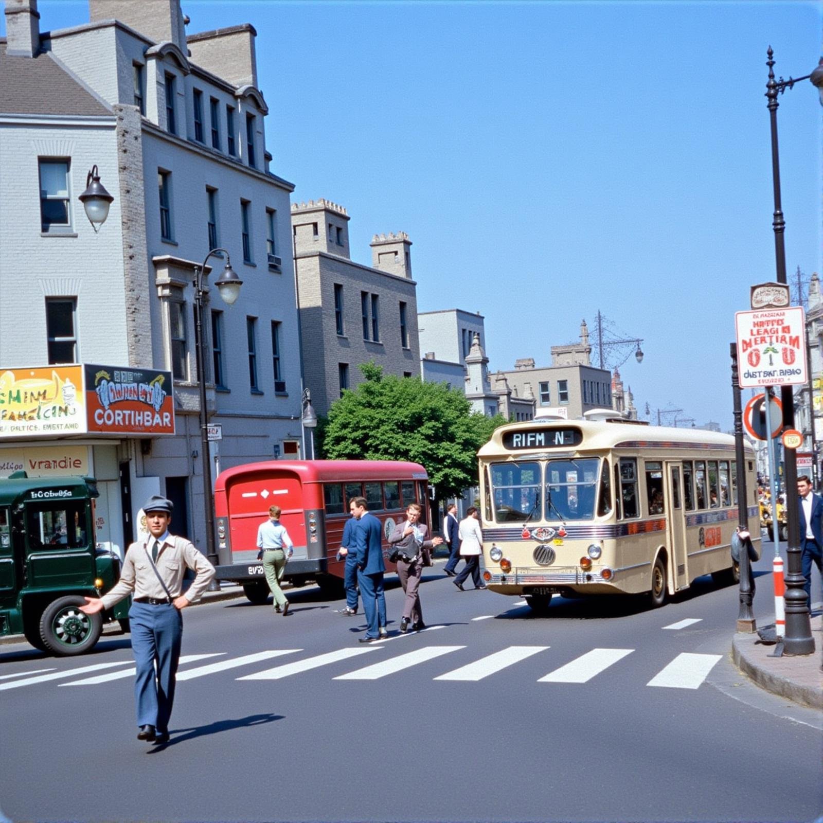 <lora:Technicolor style v1:1> <lora:hand v1:0.5> In Technicolor style, <lora:skin texture style v1:0.5>In the 1950's a city street with a bus and a bus stop, outdoors, multiple boys, sky, day, ground vehicle, building, scenery, motor vehicle, city, sign, car, road, cityscape, lamppost, street, truck, crosswalk, real world location, vanishing point, vivid color, cinematic look, film look, filmic, contrast, detailed, high quality, sharp image, film color, Kodak, Motion Picture, Film style, different color, vivid color, different people, different look, different style, 35MM Film, 16MM Film, Photographic film, artistic style, cinematic style, film granularity, film noise, image noise, artistic effect, Fujicolor, Fuji film, Analog photography, movie style, movie still, Film grain overlay, Film Grain style, Technicolor style, blue sky, suit, bus, tokyo (city), van