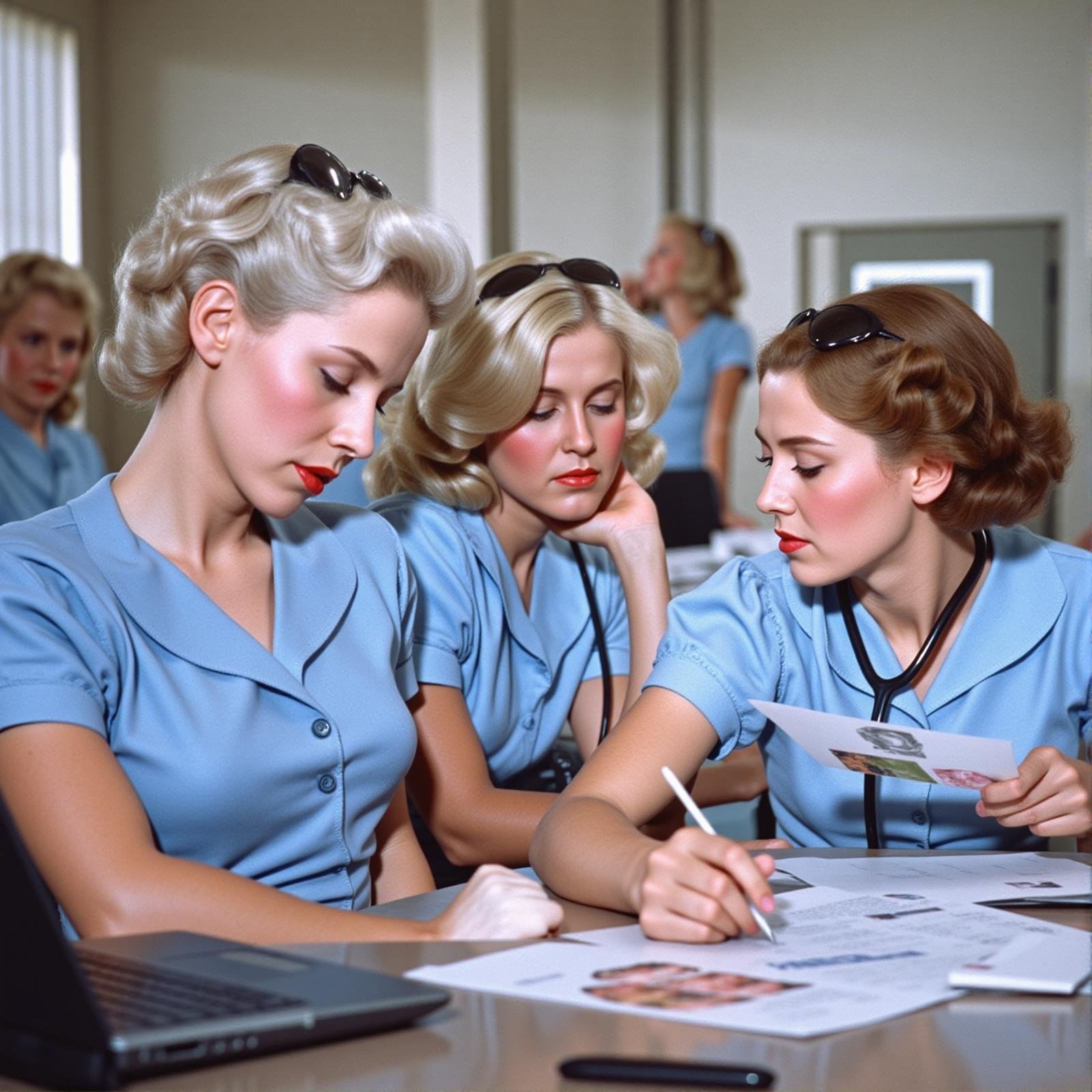 analog film photo <lora:Technicolor style v1:1> <lora:hand v1:0.5> In Technicolor style, <lora:skin texture style v1:0.5>In the 1950's a group of women in blue uniforms sitting around a table, short hair, multiple girls, blonde hair, brown hair, shirt, 2girls, sitting, closed mouth, closed eyes, white hair, short sleeves, multiple boys, indoors, blue shirt, 4boys, realistic, nurse cap, nurse, stethoscope, vivid color, cinematic look, film look, filmic, contrast, detailed, high quality, sharp image, film color, Kodak, Motion Picture, Film style, different color, vivid color, different people, different look, different style, 35MM Film, 16MM Film, Photographic film, artistic style, cinematic style, film granularity, film noise, image noise, artistic effect, Fujicolor, Fuji film, Analog photography, movie style, movie still, Film grain overlay, Film Grain style, Technicolor style, collared shirt, 4girls, parody, curly hair, retro artstyle, fine art parody, hospital . faded film, desaturated, 35mm photo, grainy, vignette, vintage, Kodachrome, Lomography, stained, highly detailed, found footage