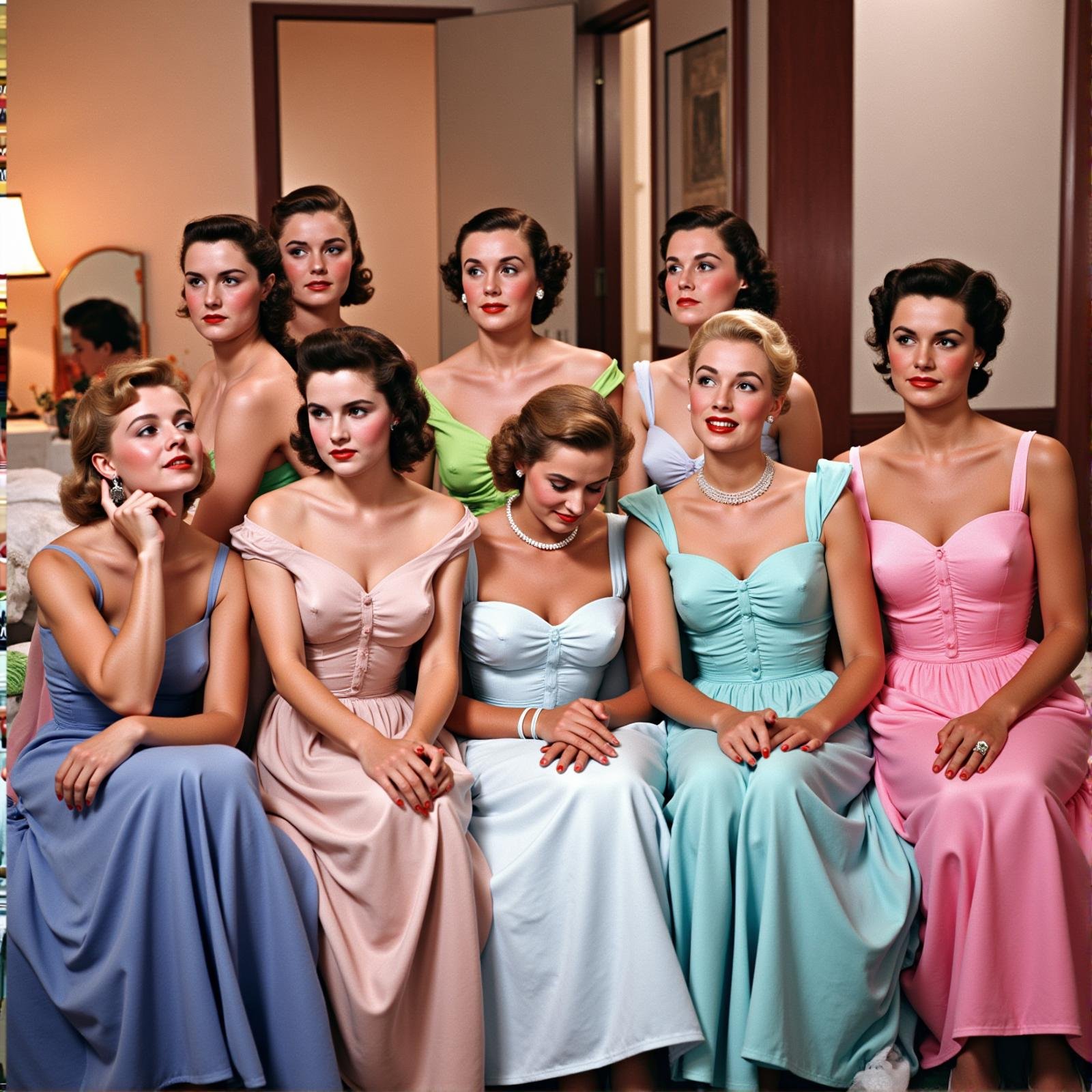 <lora:Technicolor style v1:1>  <lora:hand v1:0.1> In Technicolor style, In the 1950's a group of women in dresses sitting on a bed, breasts, smile, short hair, multiple girls, brown hair, dress, holding, cleavage, bare shoulders, jewelry, closed eyes, earrings, multiple boys, indoors, necklace, bracelet, strapless, makeup, blue dress, 6+girls, pink dress, strapless dress, green dress, realistic, off-shoulder dress, pearl necklace, aqua dress, vivid color, cinematic look, film look, filmic, contrast, detailed, high quality, sharp image, film color, Kodak, Motion Picture, Film style, different color, vivid color, different people, different look, different style, 35MM Film, 16MM Film, Photographic film, artistic style, cinematic style, film granularity, film noise, image noise, artistic effect, Fujicolor, Fuji film, Analog photography, movie style, movie still, Film grain overlay, Film Grain style, Technicolor style, sitting, off shoulder, hair bun, mirror