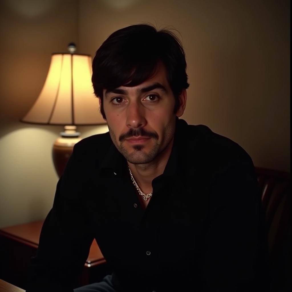 <lora:diffused light style v1:1>A Diffused light of a man sitting in front of a lamp,solo,looking at viewer,shirt,black hair,long sleeves,1boy,upper body,male focus,parted lips,indoors,necklace,black shirt,facial hair,realistic,stubble , realistic, sharp, detailed, classic, 1970's light style, high-key light style, photography, artistic, perfection, diffusion, diffused, soft light, glow, bright, contrast, highlights, halo, glowing ambient light, colorful, cinematic, filmic, high quality photo, diffused light style