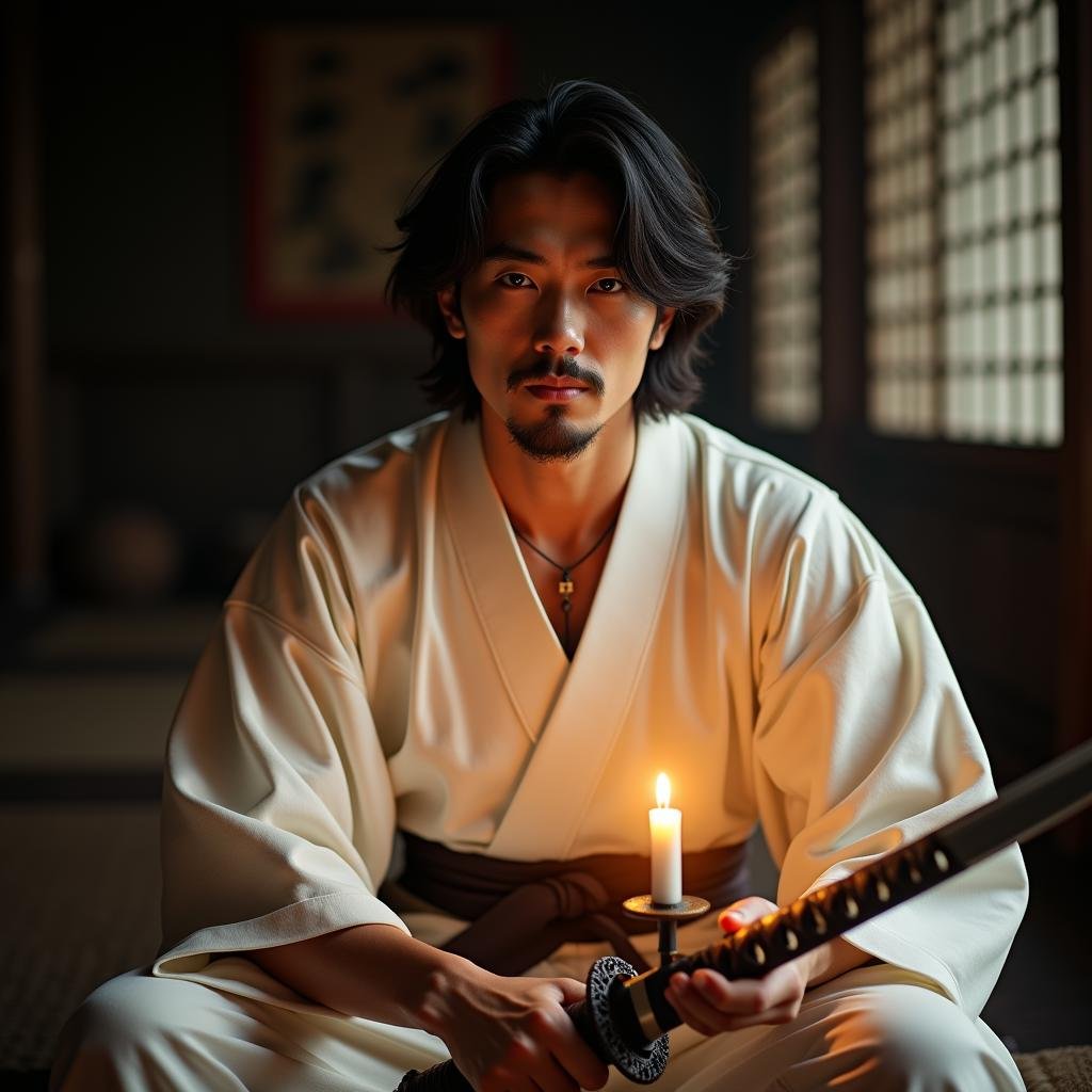 <lora:diffused light style v1:1>A Diffused light of a man in a white robe holding a sword with diffused shinning light,solo,looking at viewer,black hair,1boy,holding,sitting,weapon,male focus,japanese clothes,sword,indoors,holding weapon,facial hair,holding sword,katana,rope,realistic,mustache,candle,shimenawa,shide , realistic, sharp, detailed, classic, 1970's light style, high-key light style, photography, artistic, perfection, diffusion, diffused, soft light, glow, bright, contrast, highlights, halo, glowing ambient light, colorful, cinematic, filmic, high quality photo, diffused light style