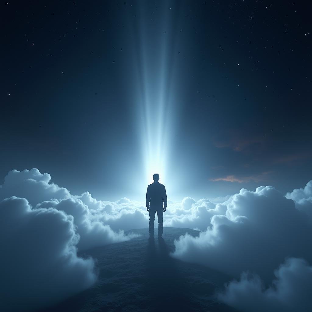 <lora:diffused light style v1:1>A Diffused light of a man standing on a cloud covered ground,sky,night,star (sky),scenery,starry sky,science fiction,space,planet,spacecraft , realistic, sharp, detailed, classic, 1970's light style, high-key light style, photography, artistic, perfection, diffusion, diffused, soft light, glow, bright, contrast, highlights, halo, glowing ambient light, colorful, cinematic, filmic, high quality photo, diffused light style 