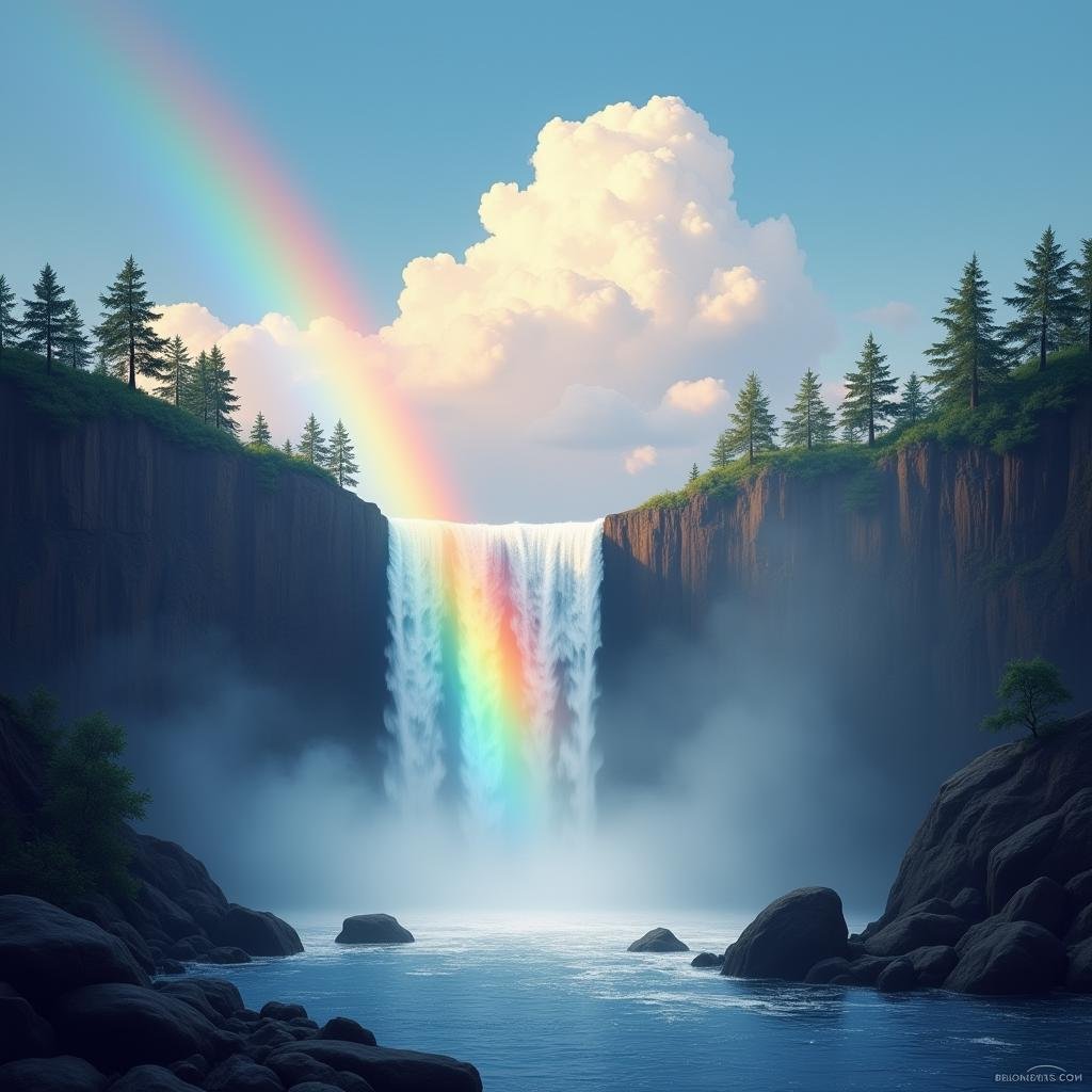 <lora:diffused light style v1:1>A Diffused light of a rainbow is seen in the sky above a waterfall,outdoors,sky,day,cloud,water,tree,blue sky,no humans,scenery,mountain,fantasy,rainbow,waterfall,landscape,cliff , realistic, sharp, detailed, classic, 1970's light style, high-key light style, photography, artistic, perfection, diffusion, diffused, soft light, glow, bright, contrast, highlights, halo, glowing ambient light, colorful, cinematic, filmic, high quality photo, diffused light style