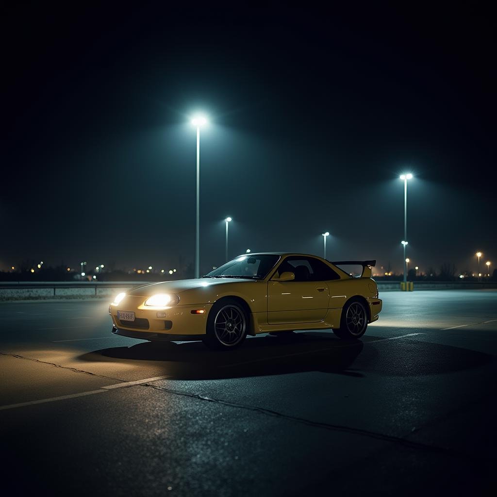 <lora:diffused light style v1:1>A Diffused light of a car parked in a parking lot at night,outdoors,english text,no humans,night,ground vehicle,scenery,motor vehicle,car,road,dark,vehicle focus,lights,sports car , realistic, sharp, detailed, classic, 1970's light style, high-key light style, photography, artistic, perfection, diffusion, diffused, soft light, glow, bright, contrast, highlights, halo, glowing ambient light, colorful, cinematic, filmic, high quality photo, diffused light style