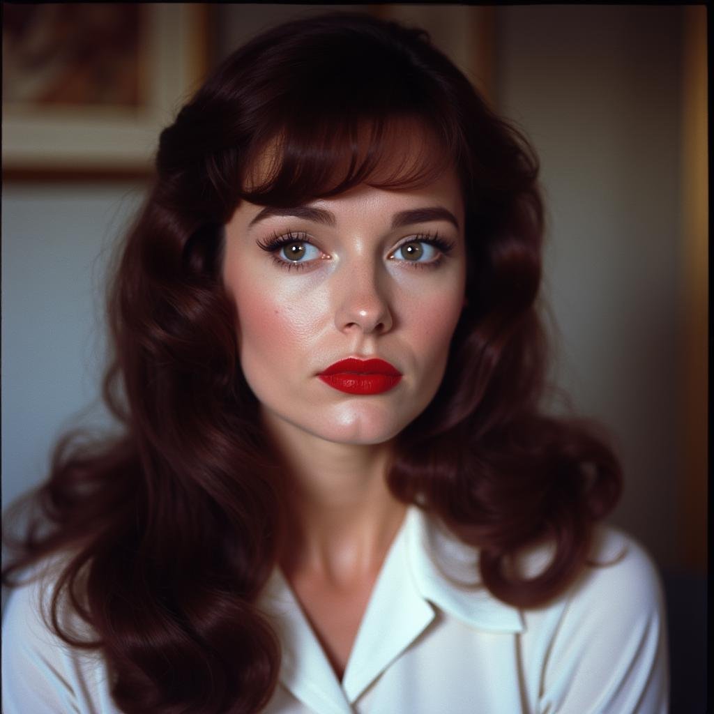 <lora:Technicolor style v2:1> Technicolor styleIn the 1950's a woman with a red lipstick and a white shirt,1girl,solo,long hair,brown hair,black hair,closed mouth,blurry,lips,makeup,lipstick,portrait,realistic,red lips , vivid color, cinematic look, film look, filmic, contrast, detailed, high quality, sharp image, film color, Kodak, Motion Picture, Film style, different color, vivid color, different people, different look, different style, 35MM Film, 16MM Film, Photographic film, artistic style, cinematic style, film granularity, film noise, image noise, artistic effect, Fujicolor, Fuji film, Analog photography, movie style, movie still, Film grain overlay, Film Grain style, Technicolor style